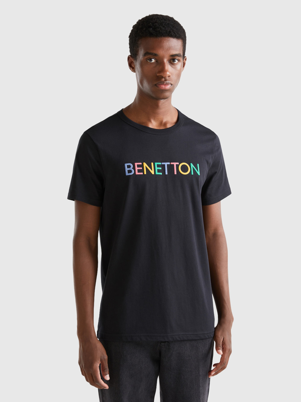 Benetton, Black T-shirt In Organic Cotton With Logo Print, Black, Men