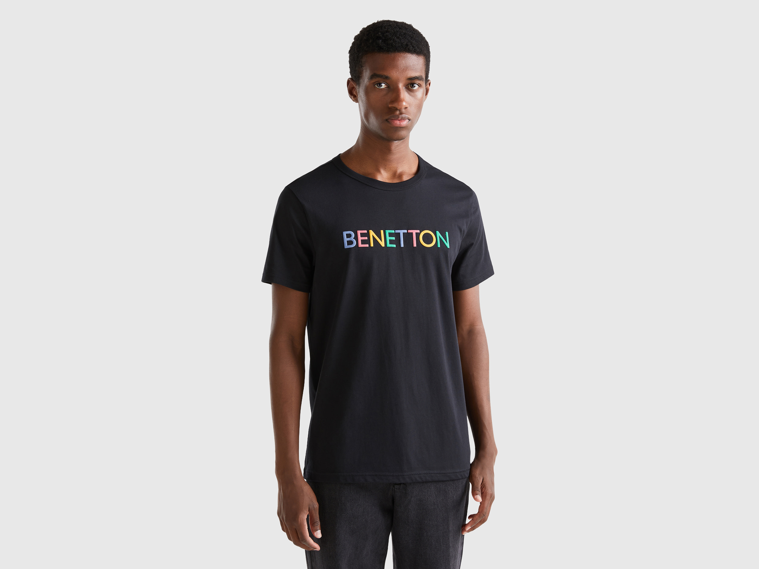 Image of Benetton, Black T-shirt In Organic Cotton With Logo Print, size XS, Black, Men