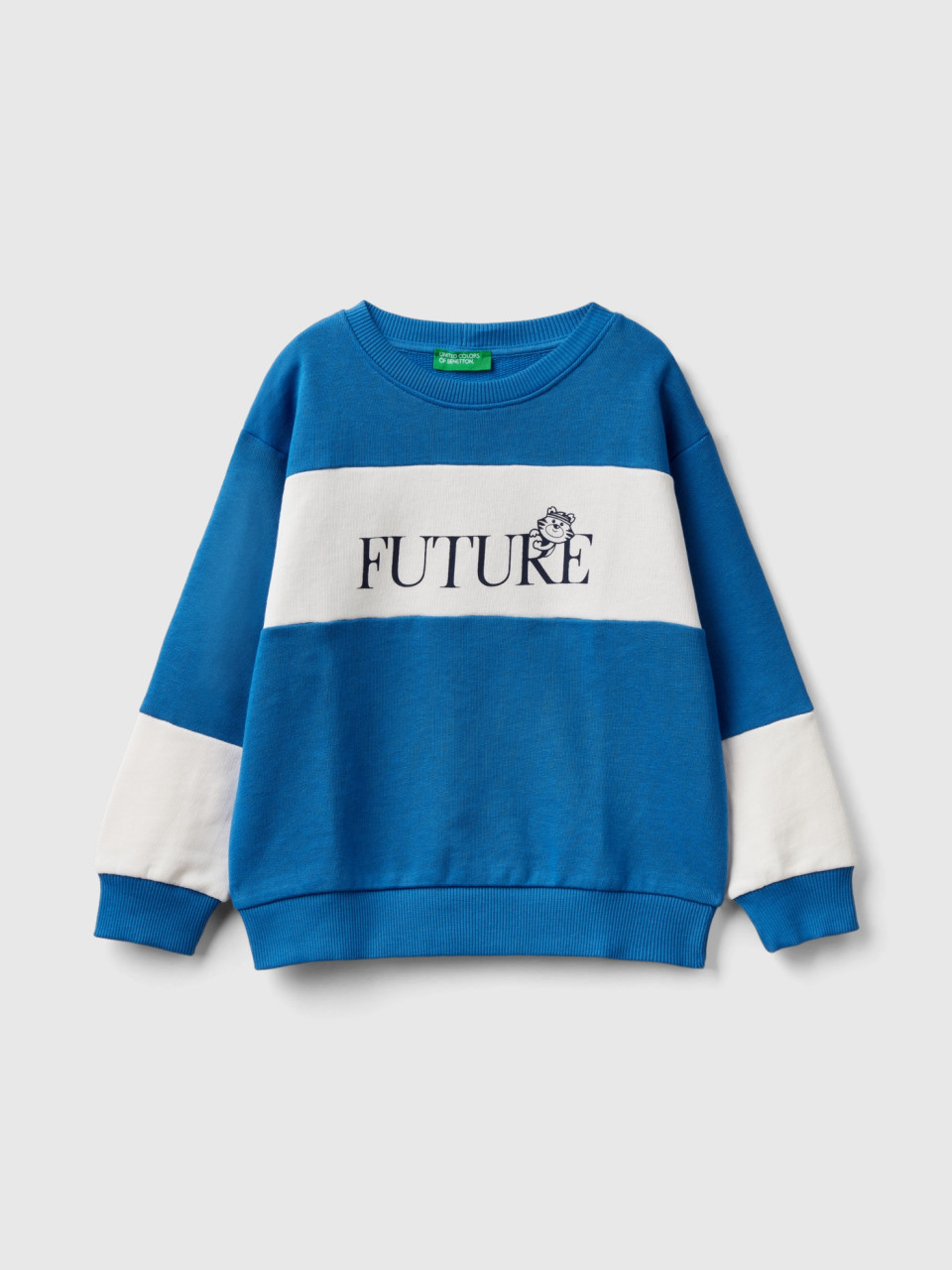 Benetton, Color Block Sweatshirt In Organic Cotton, Blue, Kids