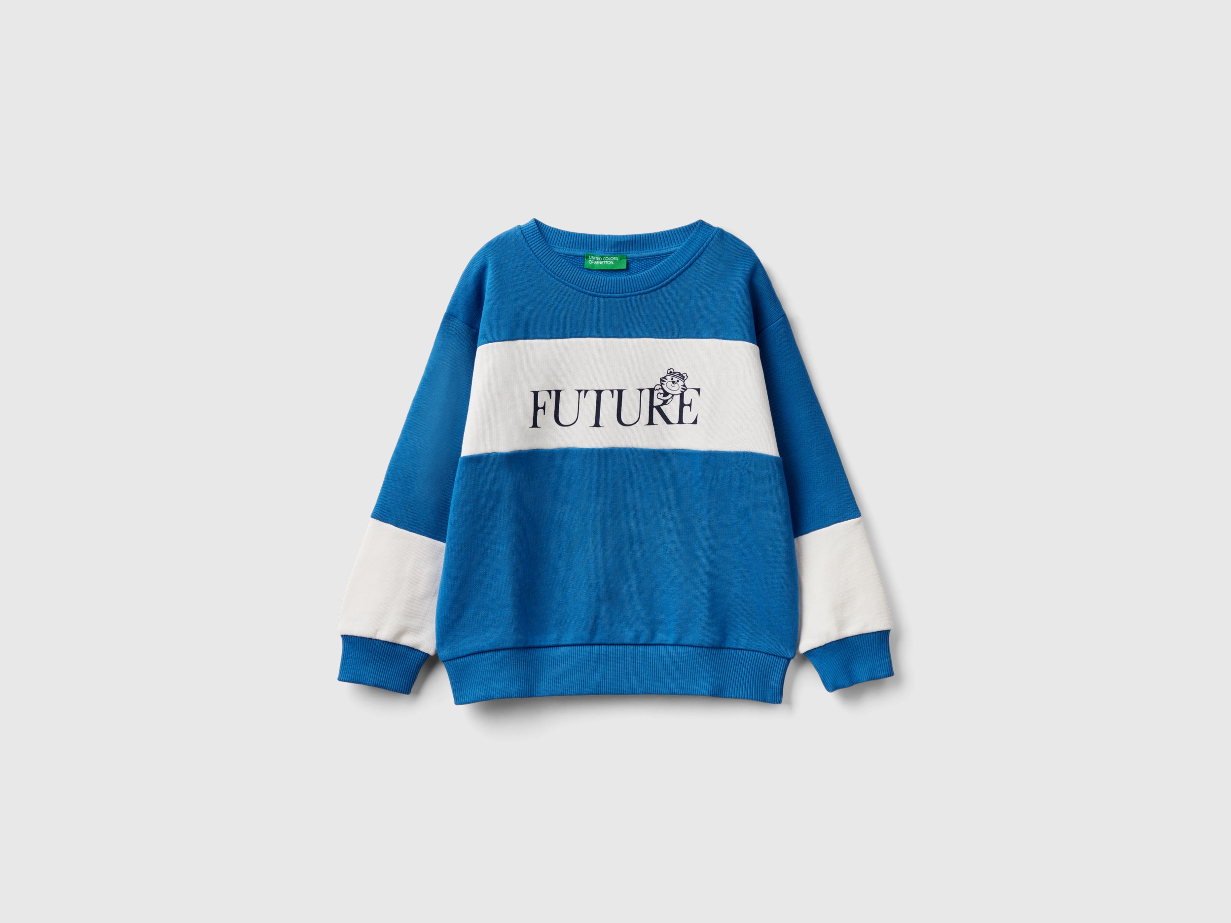 Image of Benetton, Color Block Sweatshirt In Organic Cotton, size 110, Blue, Kids