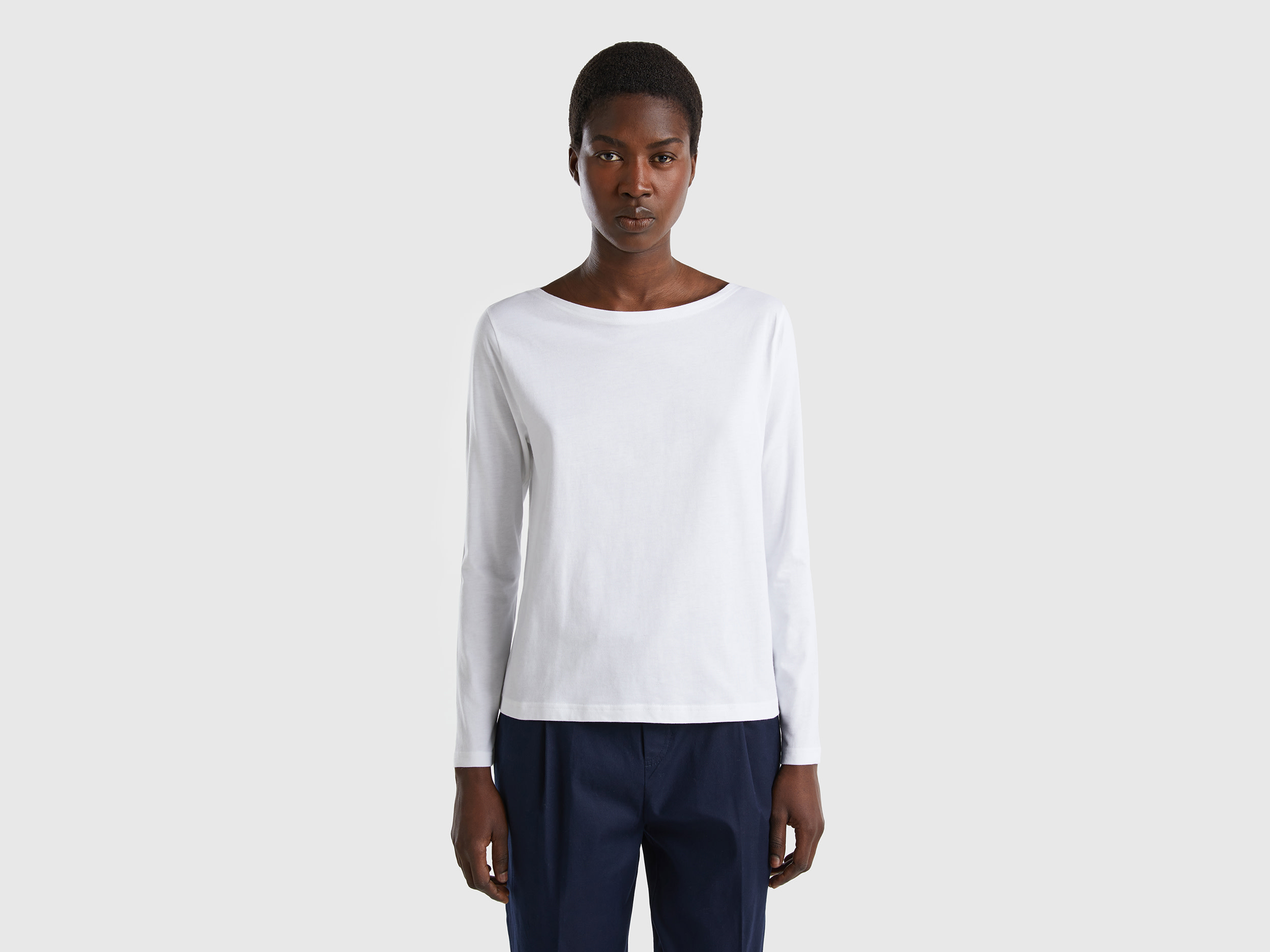 Benetton, T-shirt With Boat Neck In 100% Cotton, size M, White, Women