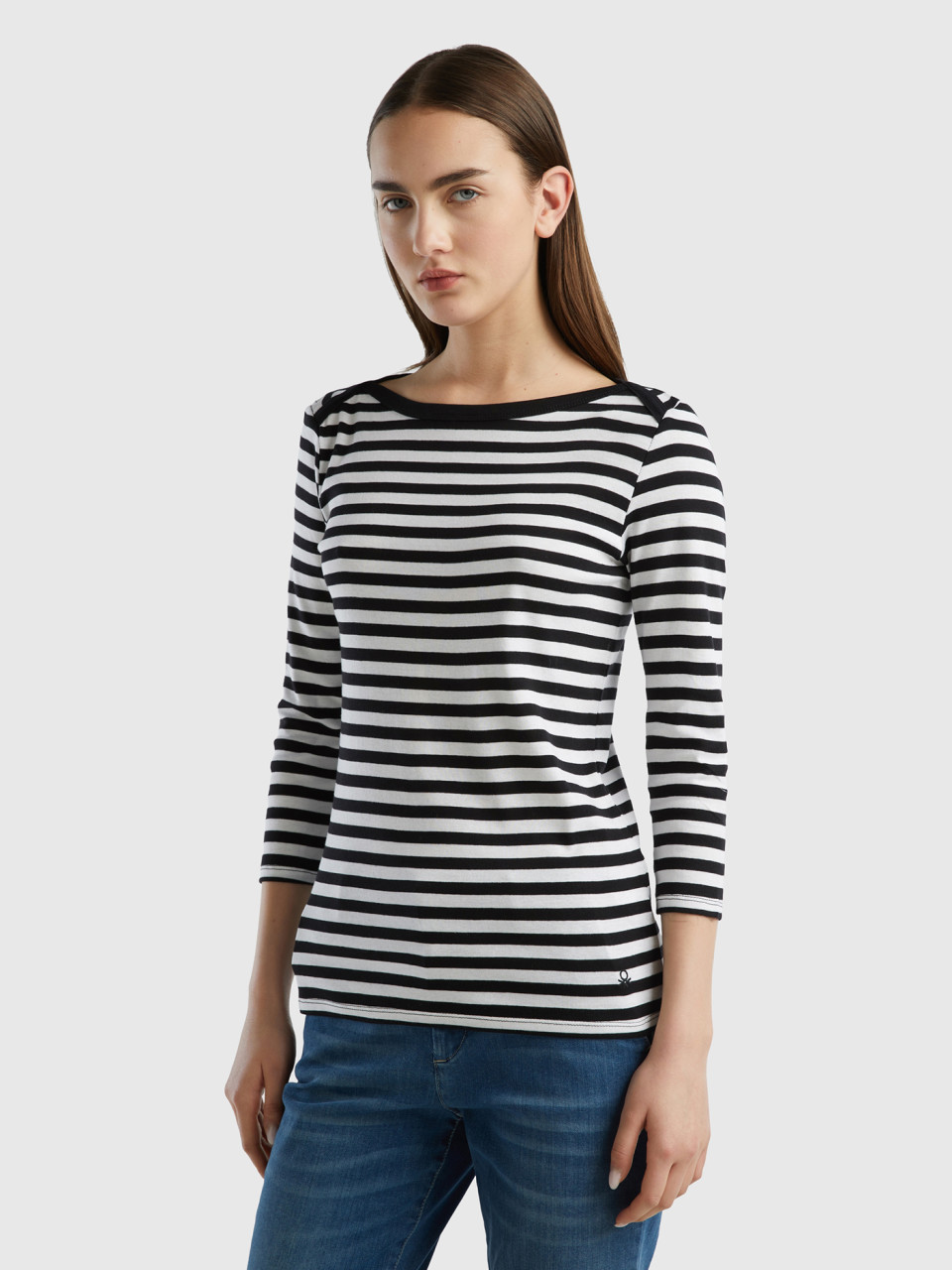 Benetton Online exclusive, Striped 3/4 Sleeve T-shirt In Pure Cotton, Black, Women