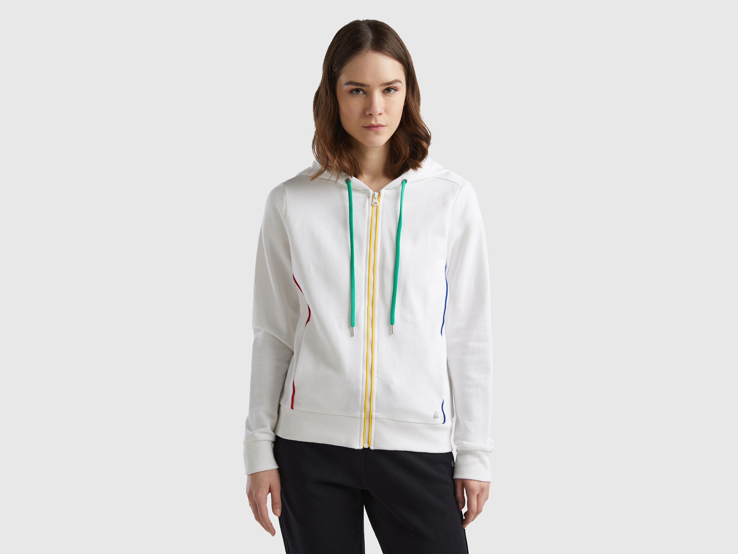 Benetton, Felpa 100% Cotone Con Zip E Cappuccio, Bianco, Donna