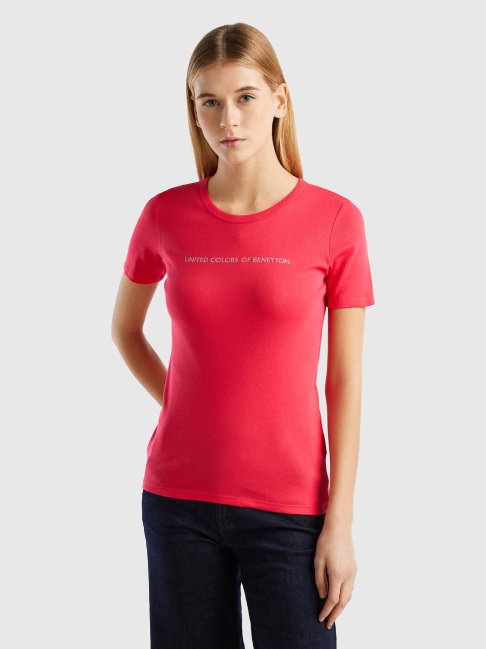 Benetton, T-shirt 100% Coton Avec Logo Imprimé Pailleté, Fuchsia, Femme