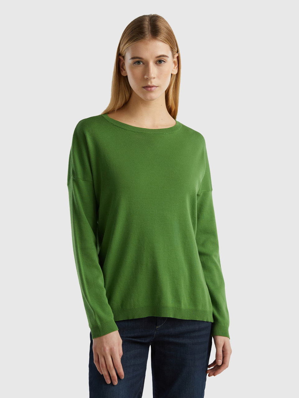 Benetton, Cotton Sweater With Round Neck, Military Green, Women