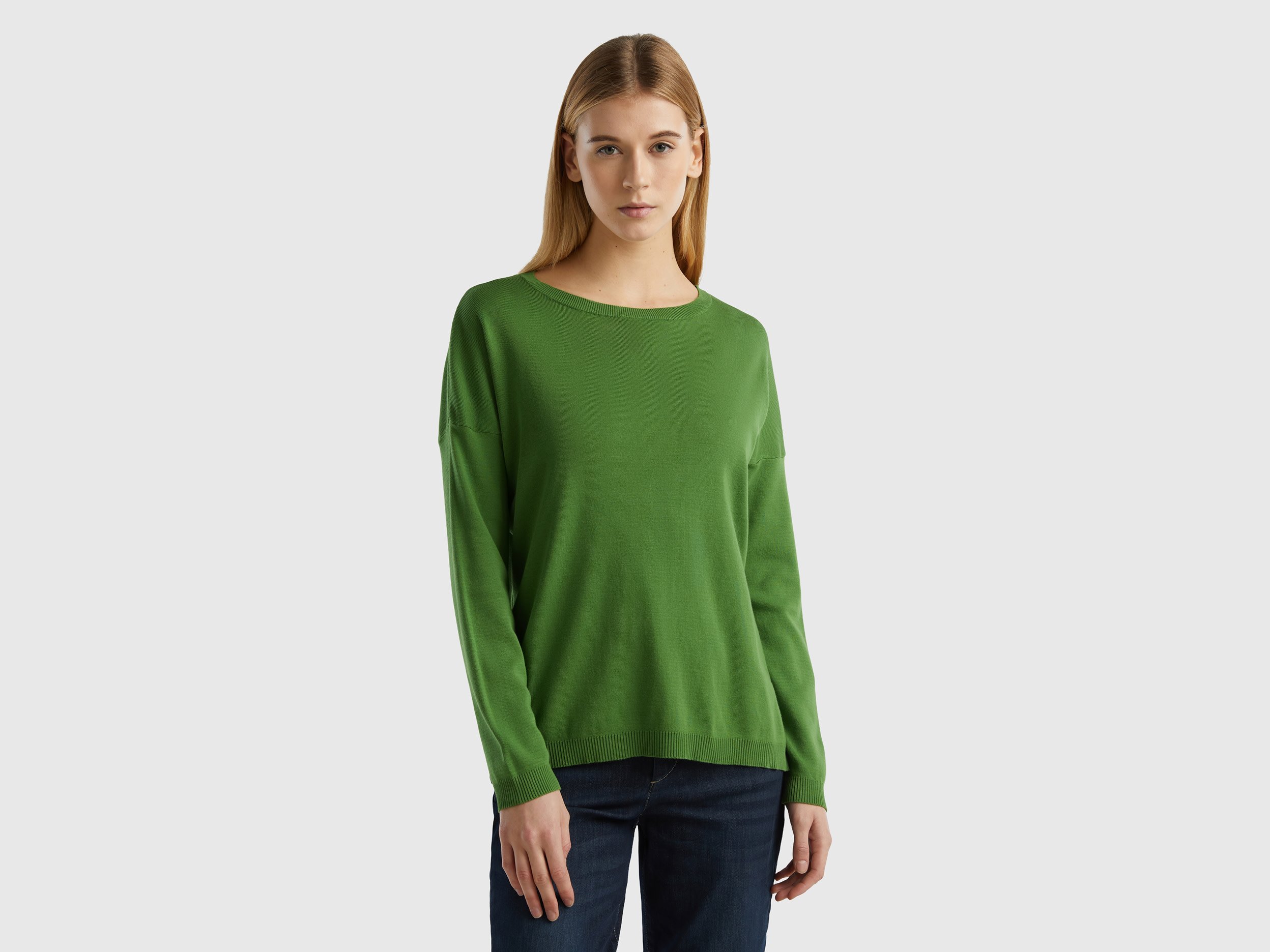 Benetton, Maglia In Cotone Con Scollo Rotondo, Verde Militare, Donna