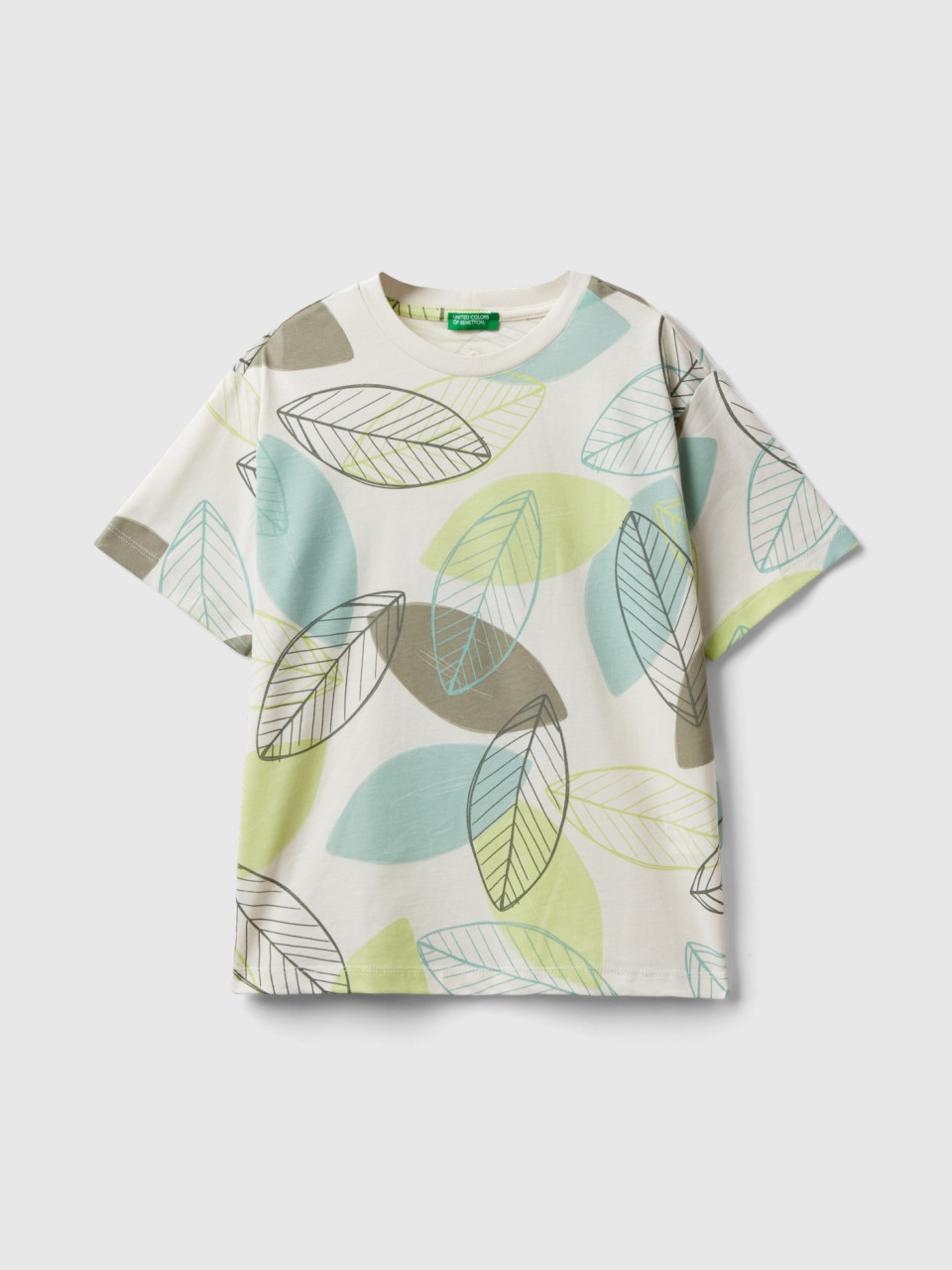 Benetton, T-shirt With Foliage Print, Creamy White, Kids