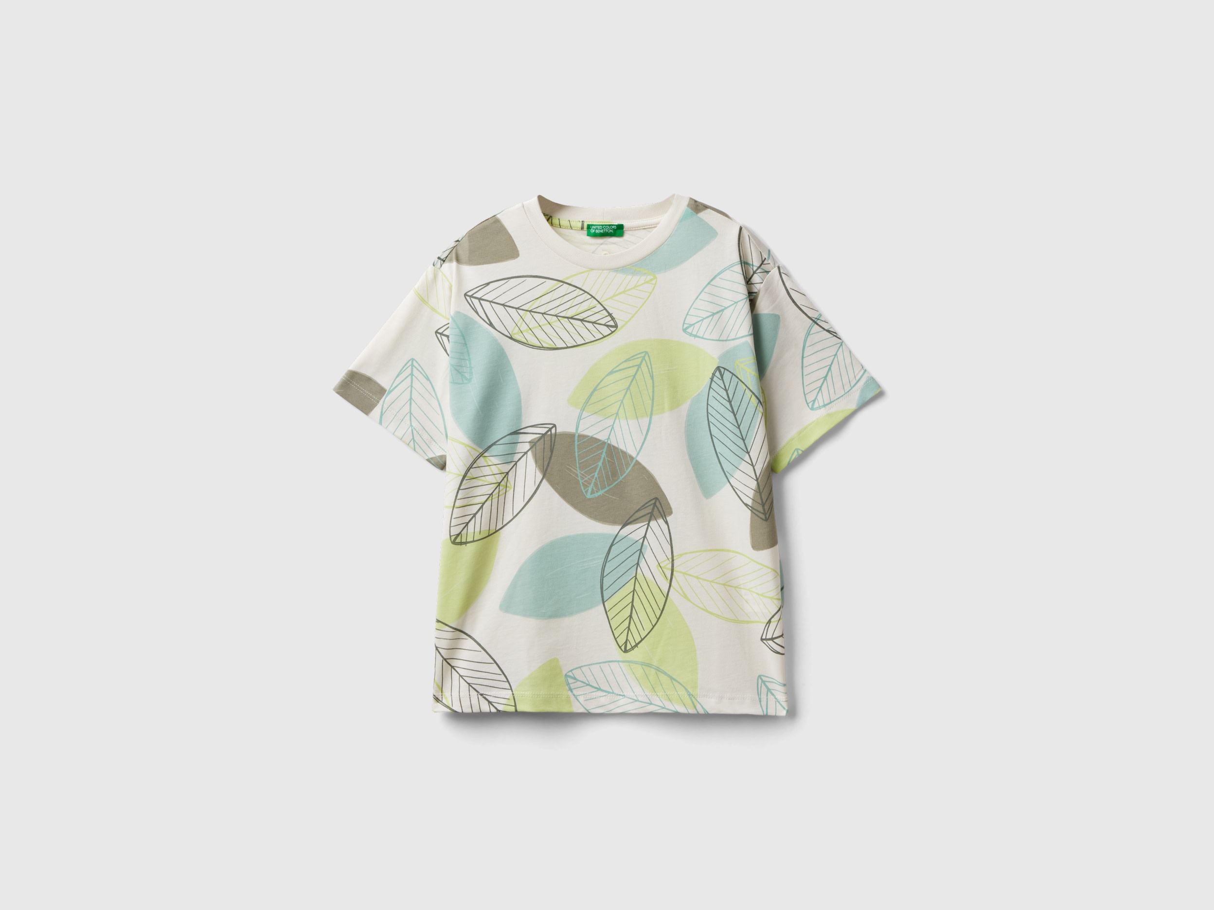 Benetton, T-shirt Con Stampa Foglie, Bianco Panna, Bambini
