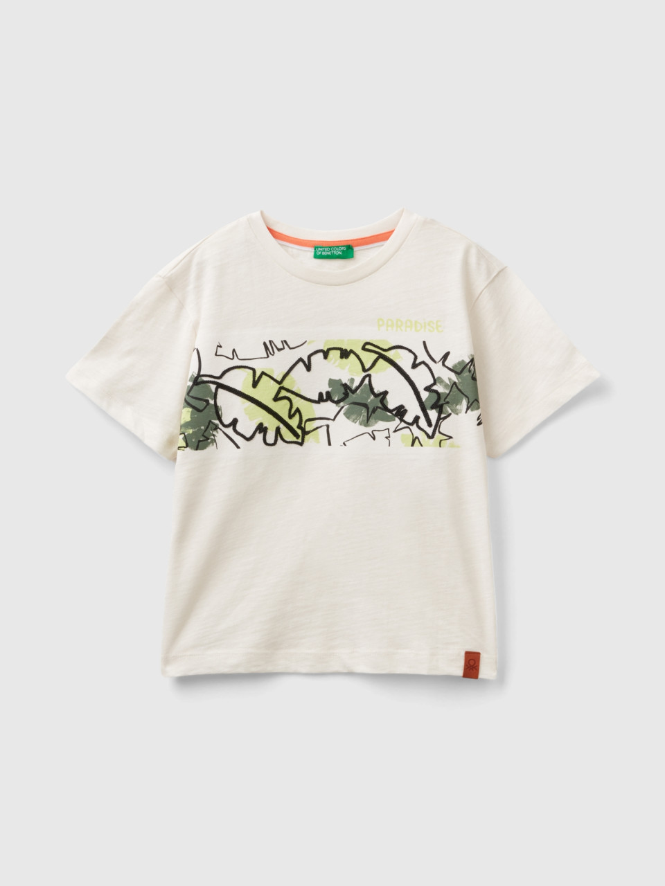 Benetton, Camiseta Con Estampado Exótico, Blanco Crema, Niños