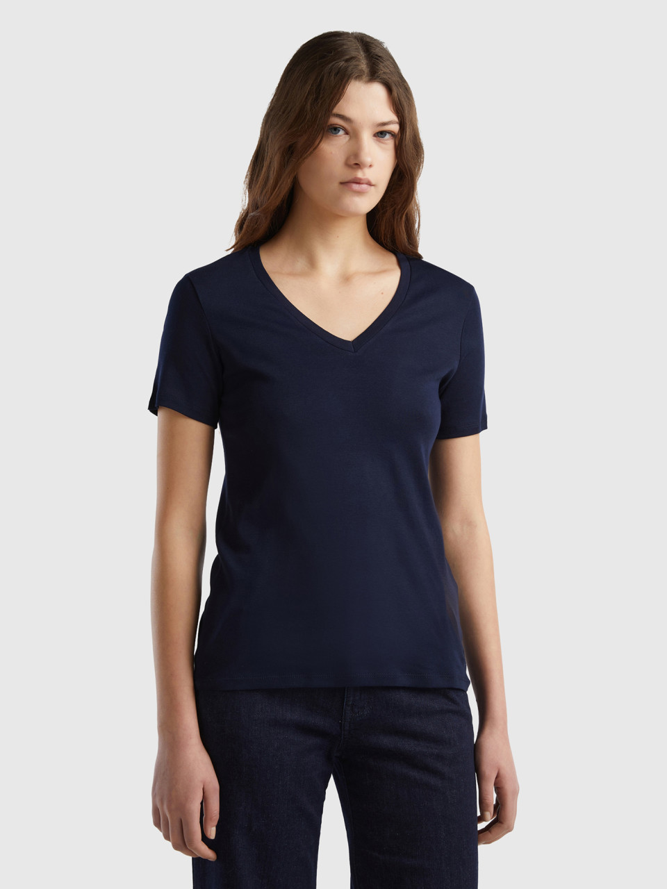 Benetton, T-shirt En Pur Coton Col V, Bleu Foncé, Femme