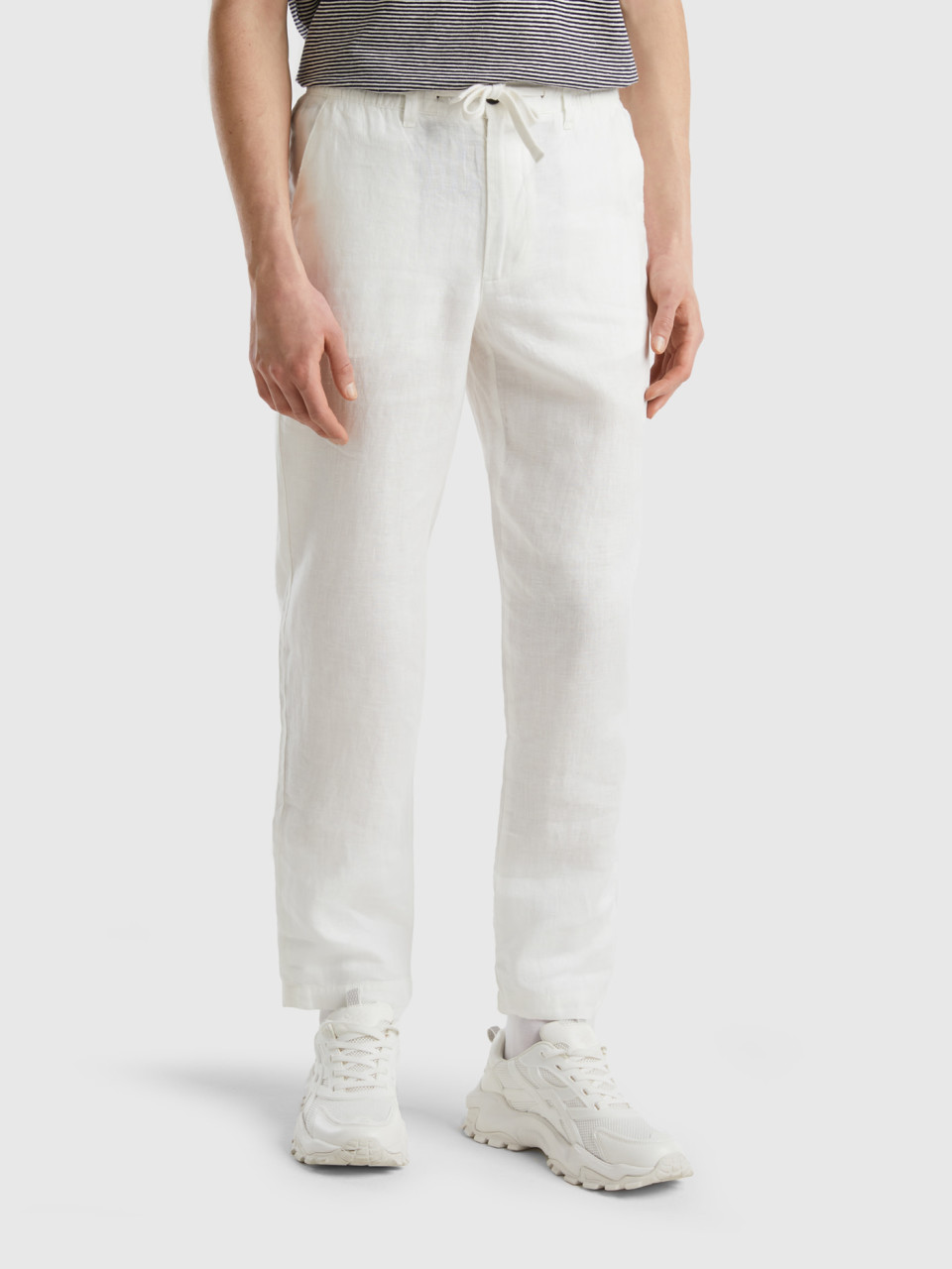 Benetton, Trousers In Pure Linen With Drawstring, Creamy White, Men