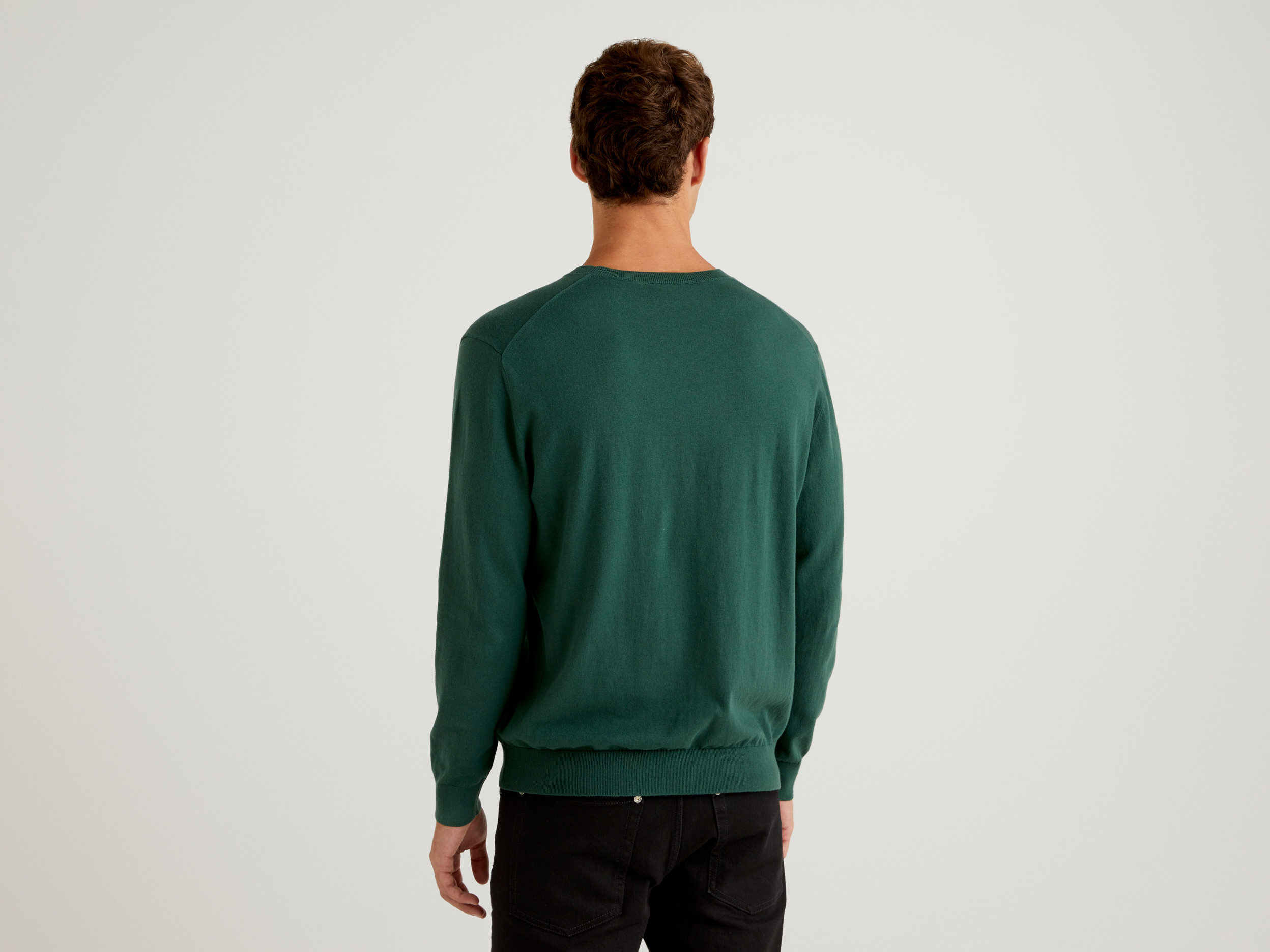 Benetton, Crew Neck Sweater In Lightweight Cotton Blend, Taglia Xxl, Dark Green, Men