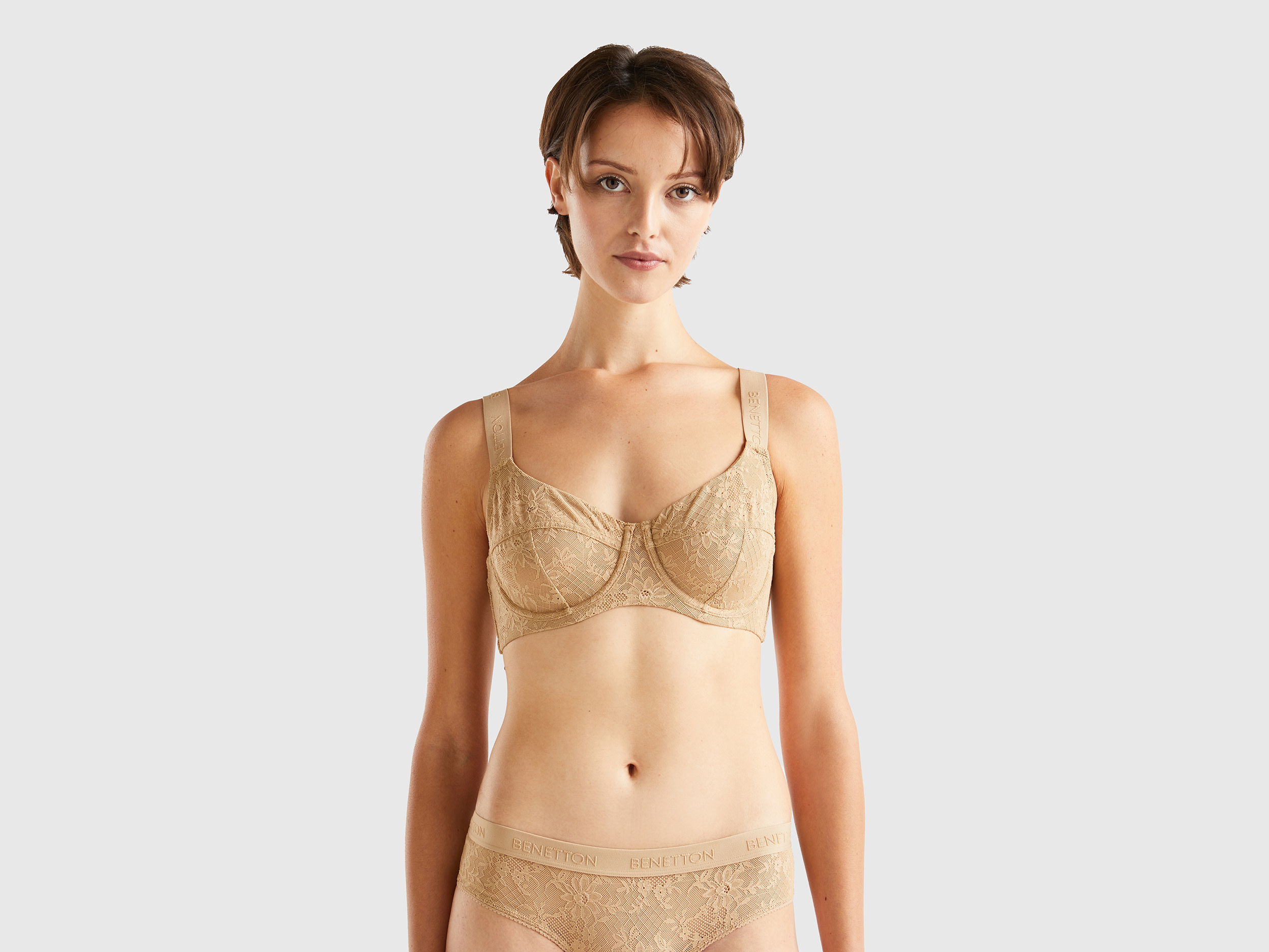 Benetton, C Cup Bra In Stretch Lace, size 36, Camel, Women