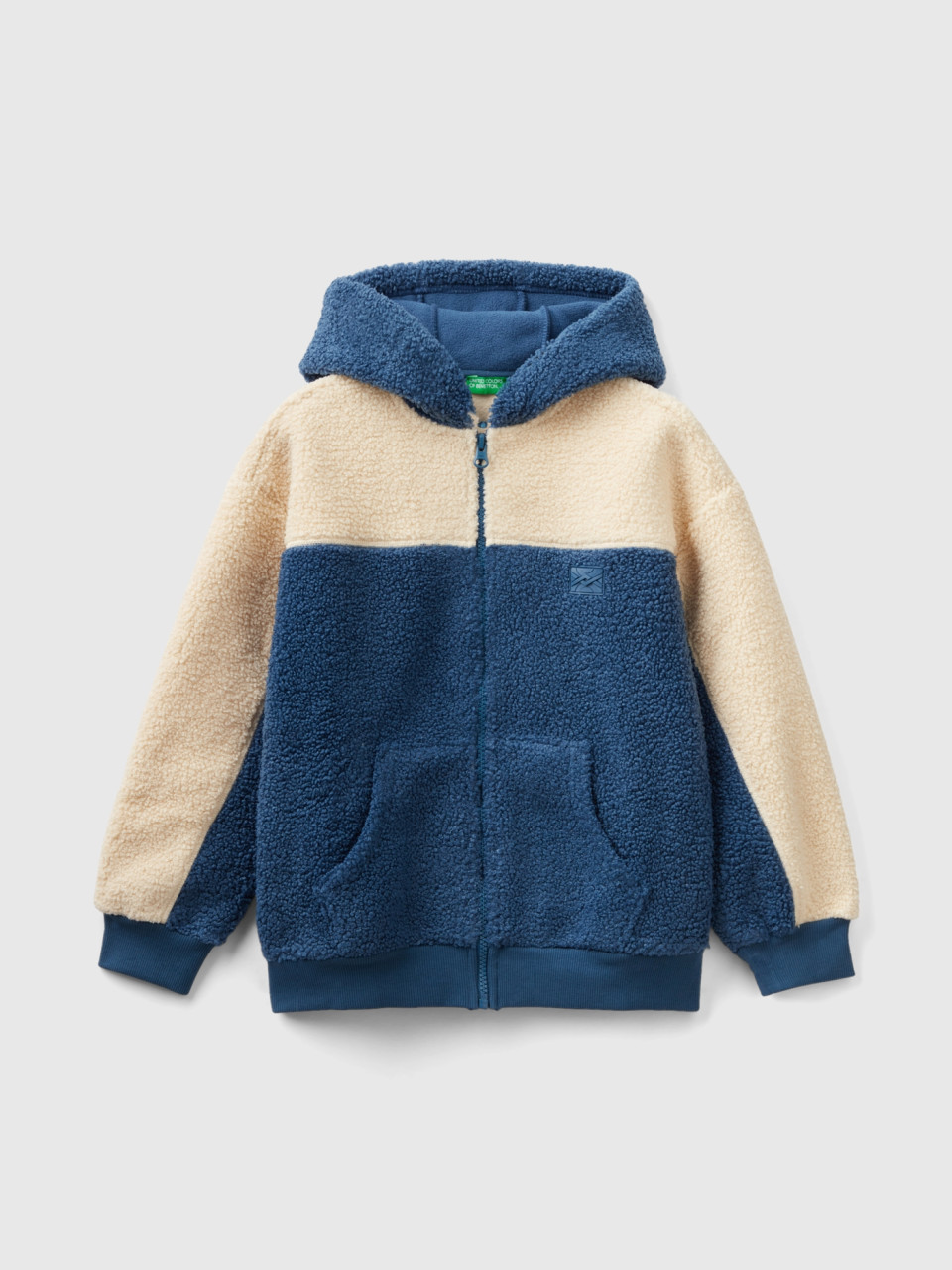 Benetton, Teddy Bear Effect Sweatshirt With Zip, Air Force Blue, Kids