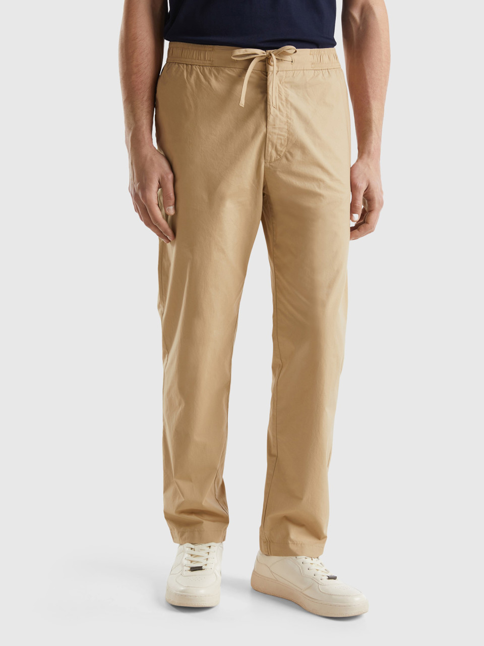 Benetton, Canvas Trousers With Drawstring, Beige, Men