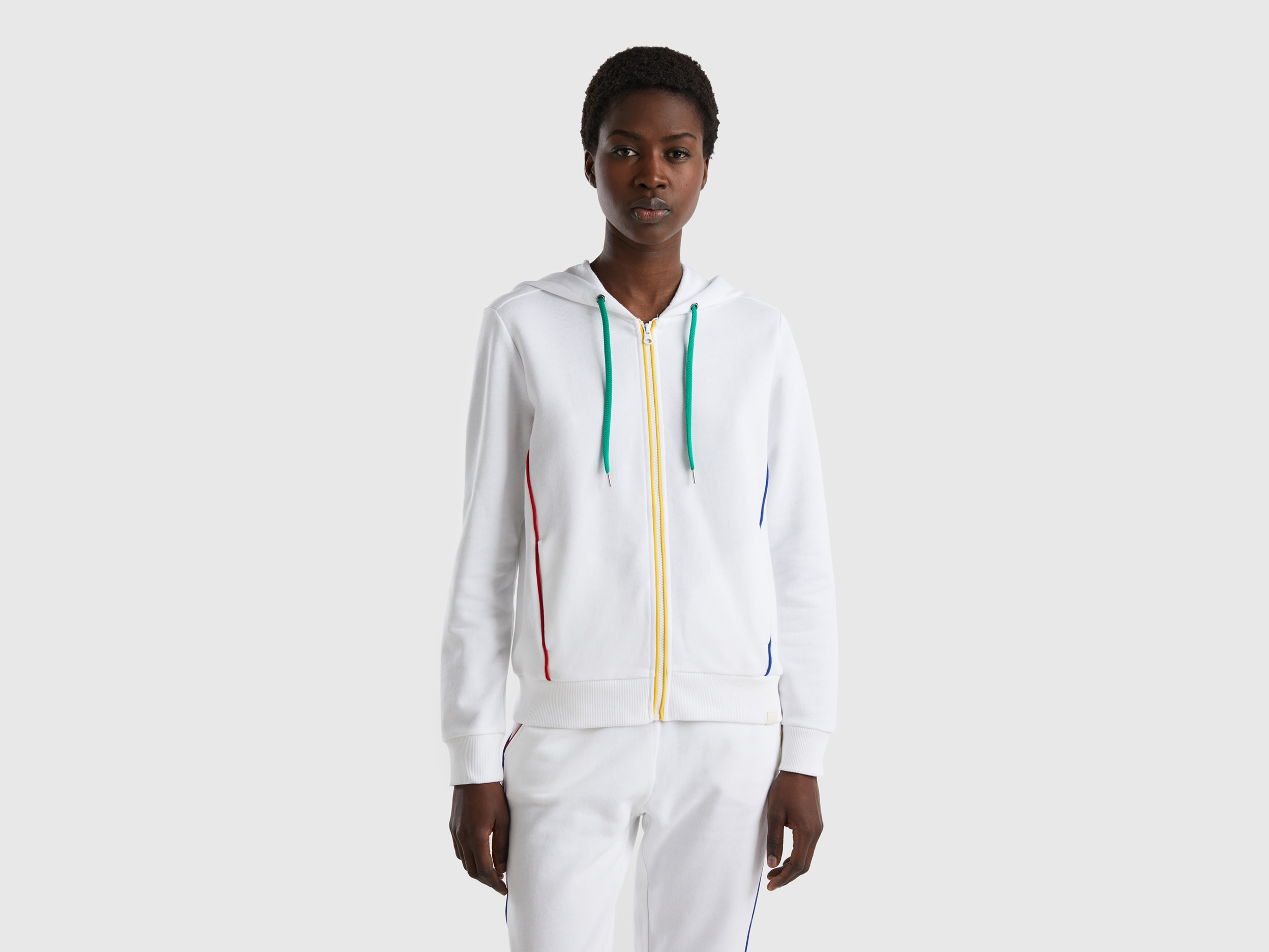 Benetton, 100% Cotton Sweatshirt With Zip And Hood, size M, White, Women