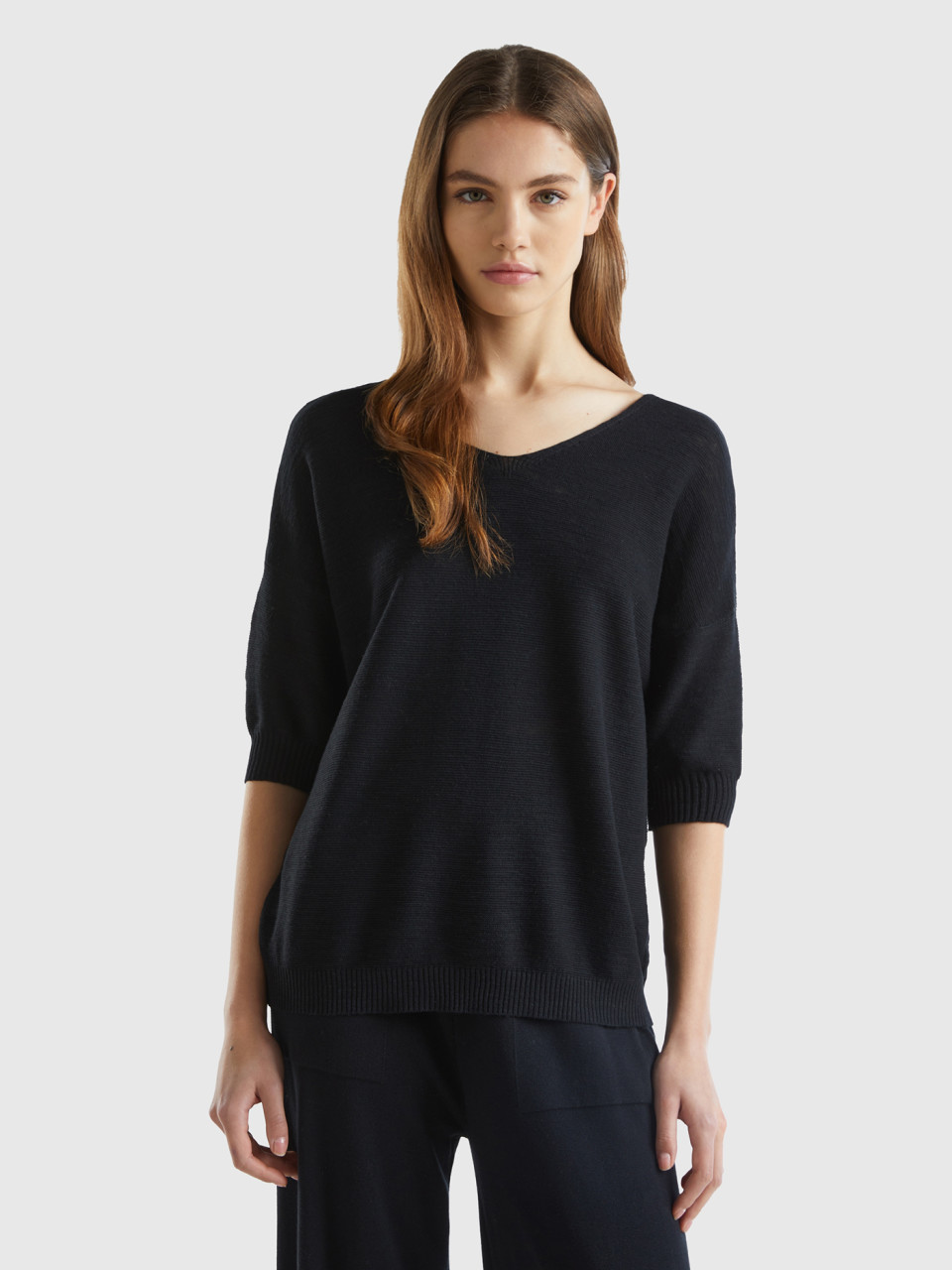 Benetton, Sweater In Linen And Cotton Blend, Black, Women