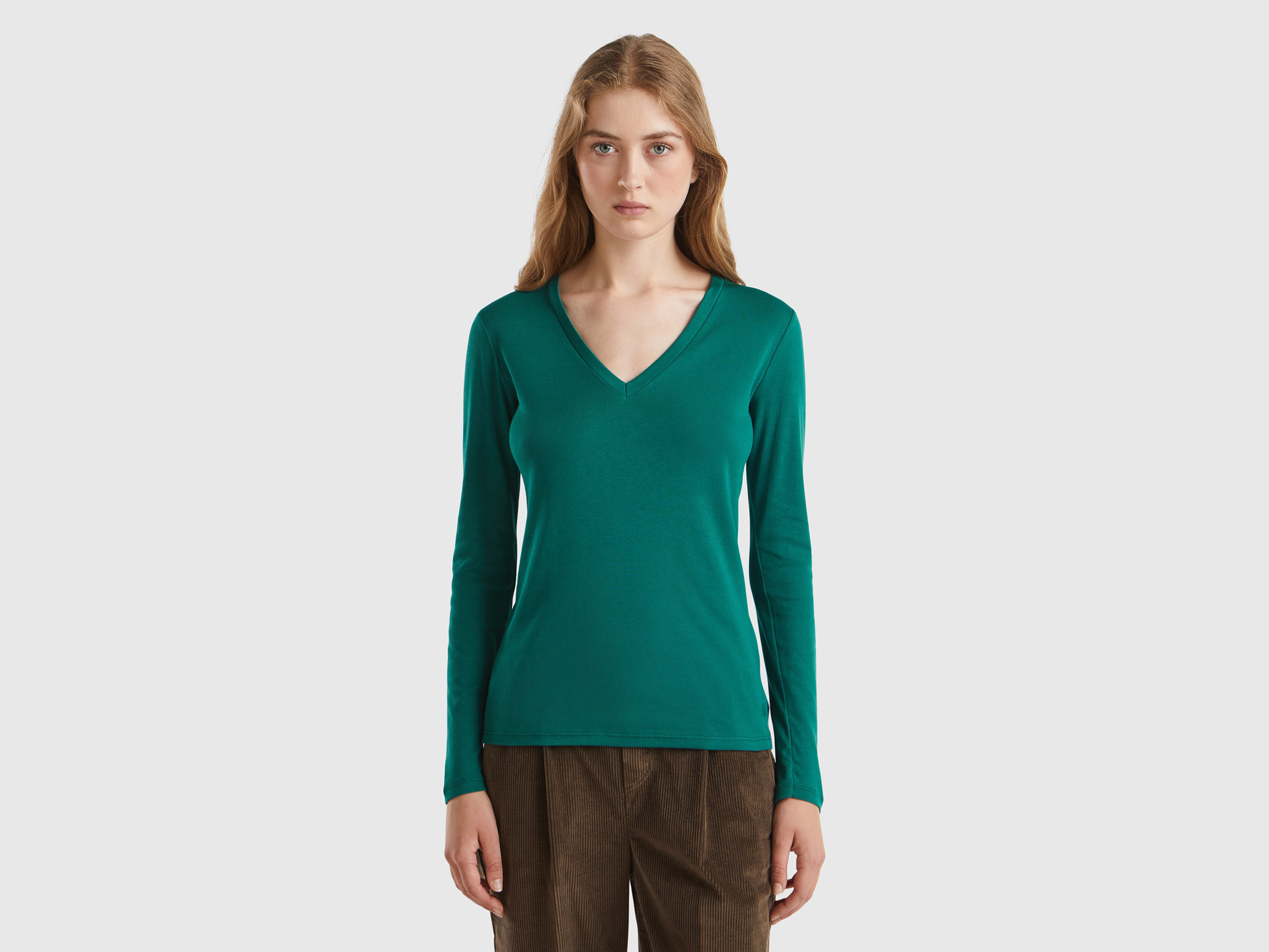 Benetton, T-shirt A Manica Lunga Con Scollo A V, Verde Scuro, Donna