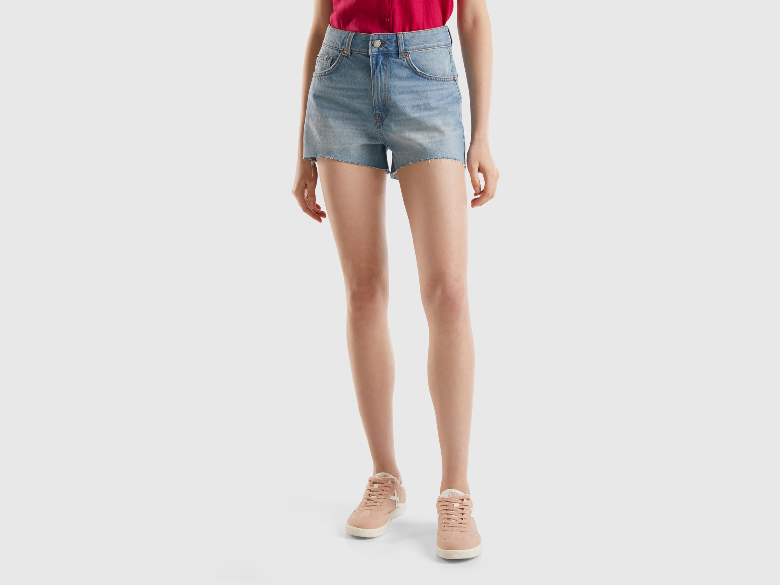 Image of Benetton, Frayed Shorts In Recycled Cotton Blend, size 33, Light Blue, Women