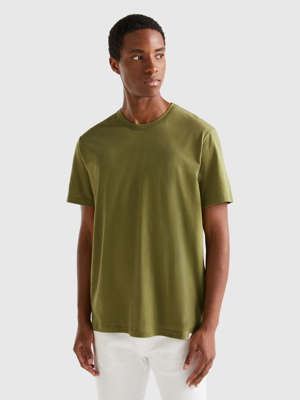 Benetton, T-shirt En Coton Chaud, Kaki, Homme