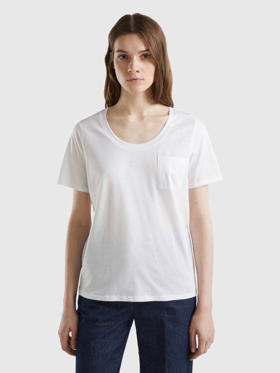 Benetton, Camiseta Con Bolsillo De Raso, Blanco, Mujer