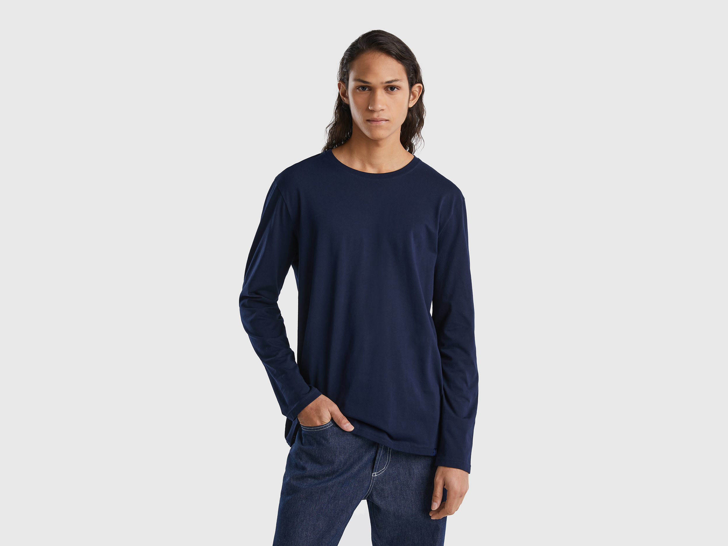 Benetton, Long Sleeve Pure Cotton T-shirt, size XXL, Dark Blue, Men