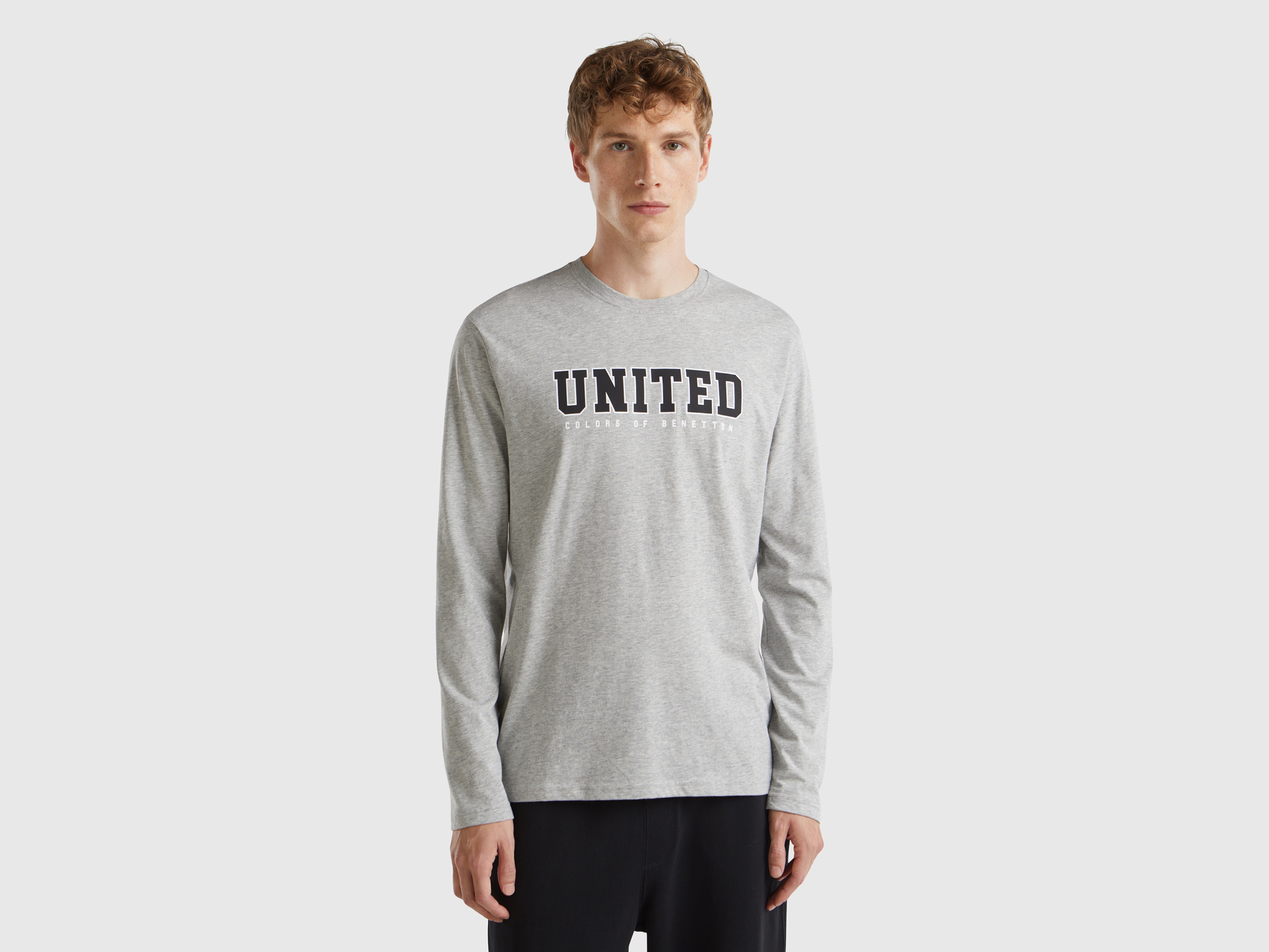 Benetton, Maglietta Manica Lunga Con Stampa Logo, Grigio Chiaro, Uomo