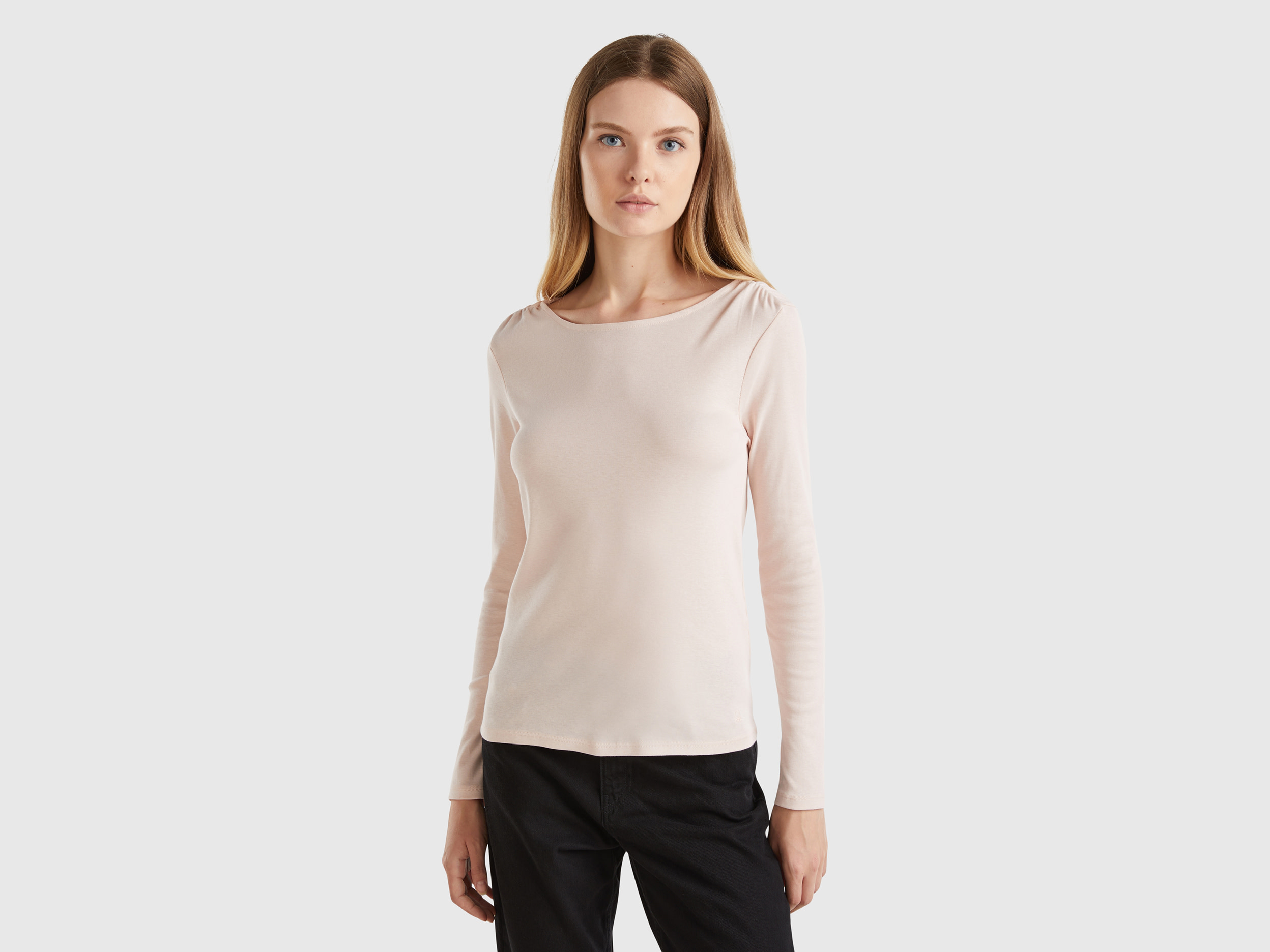 Benetton, Maglietta Manica Lunga In Puro Cotone, Rosa Tenue, Donna