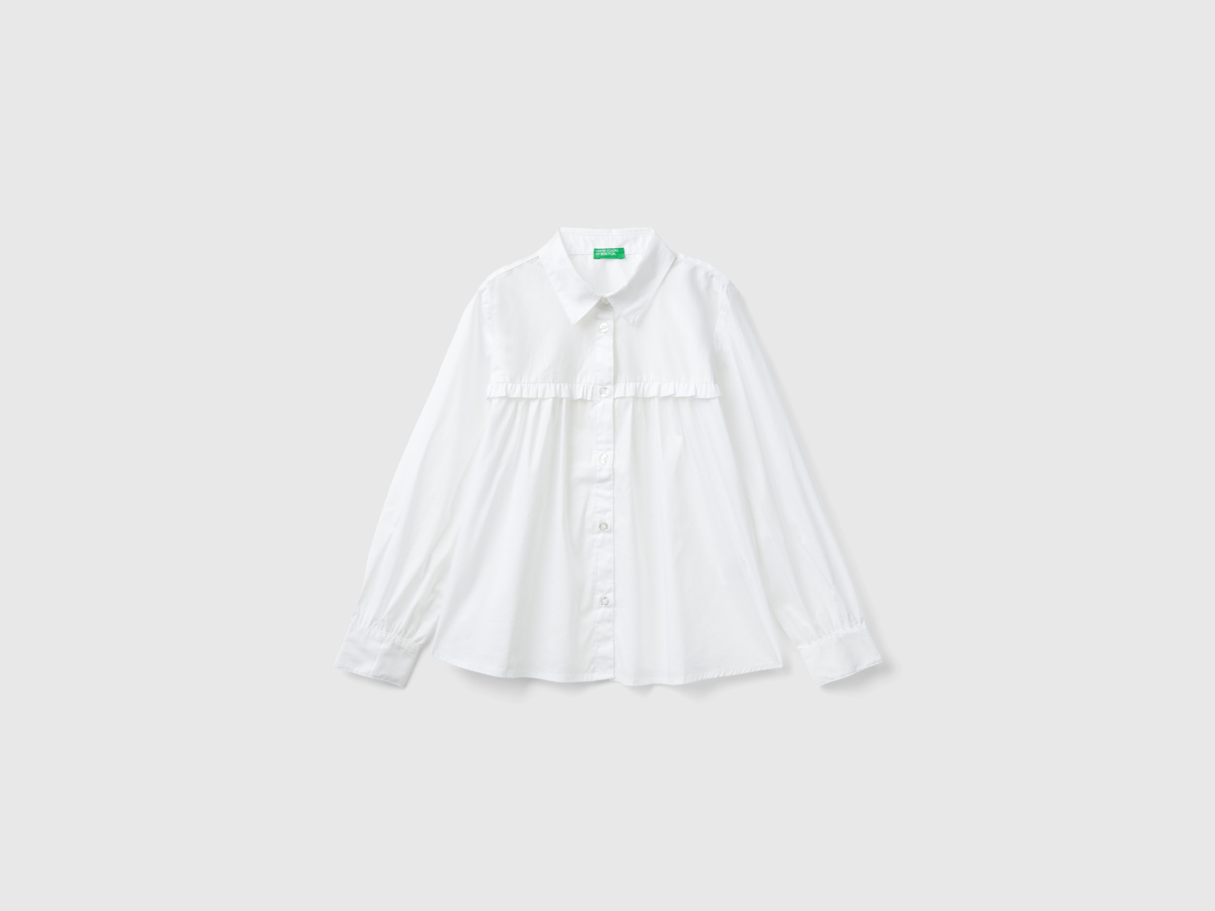 Benetton, Camicia Con Rouches Sul Carré, Bianco, Bambini