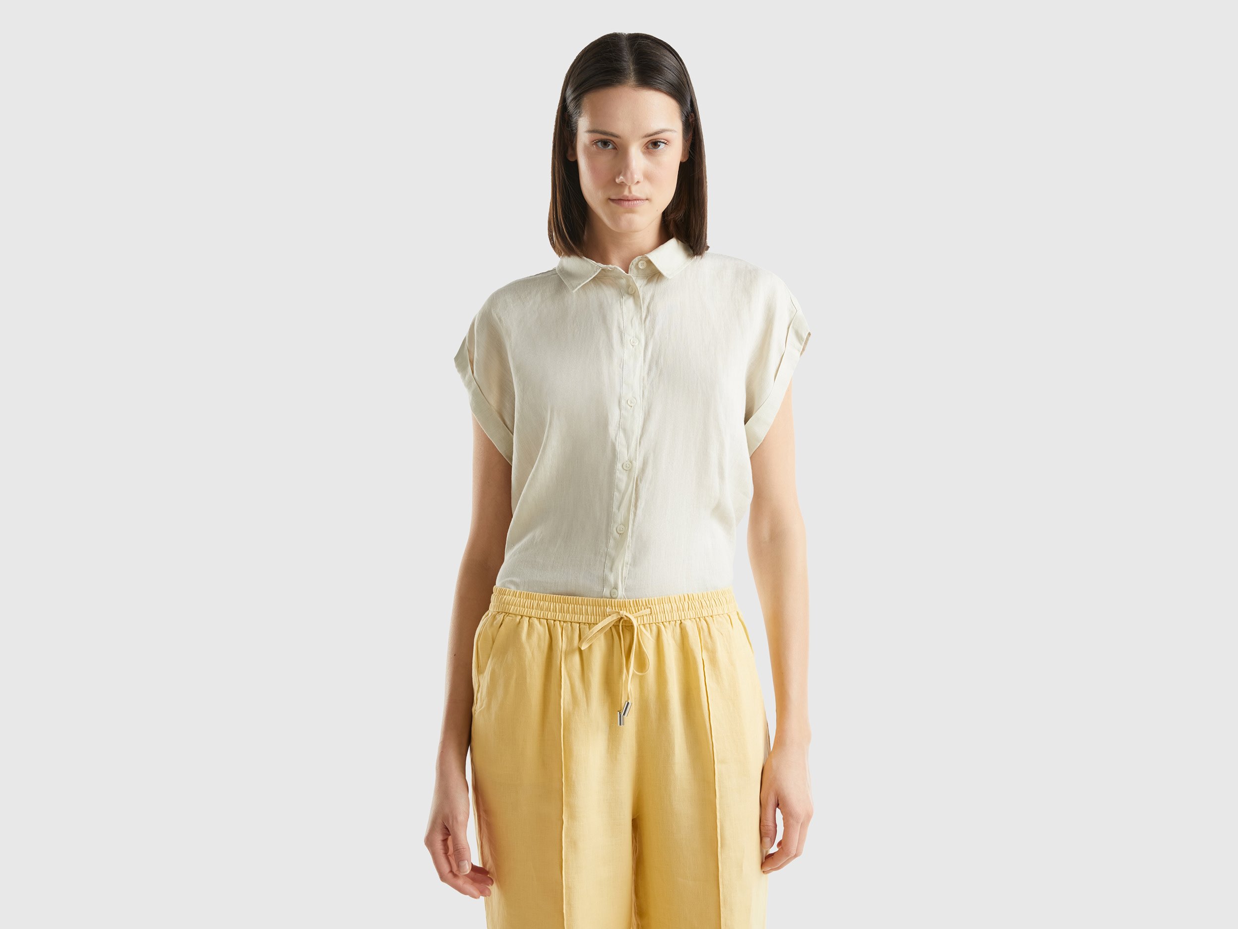 Benetton, Camicia Boxy Fit In Puro Lino, Beige, Donna