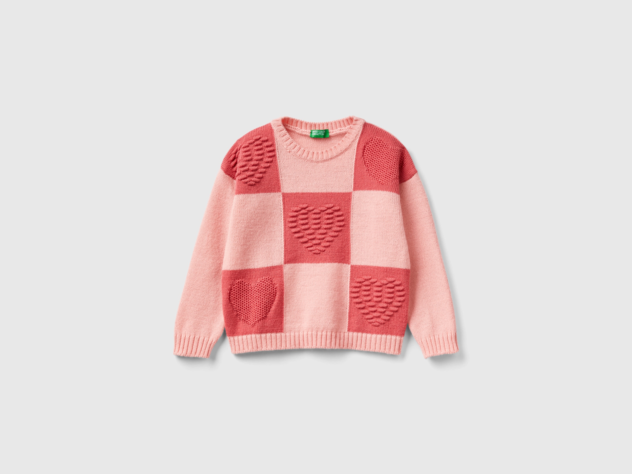 Benetton, Checkered Sweater With Hearts, size 5-6, Pink, Kids
