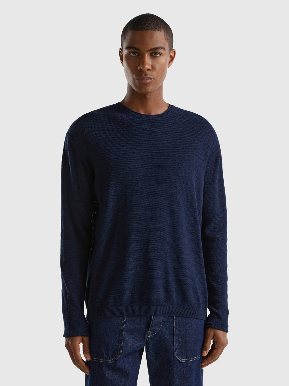 Benetton, Regular Fit Sweater In Linen Blend, Dark Blue, Men