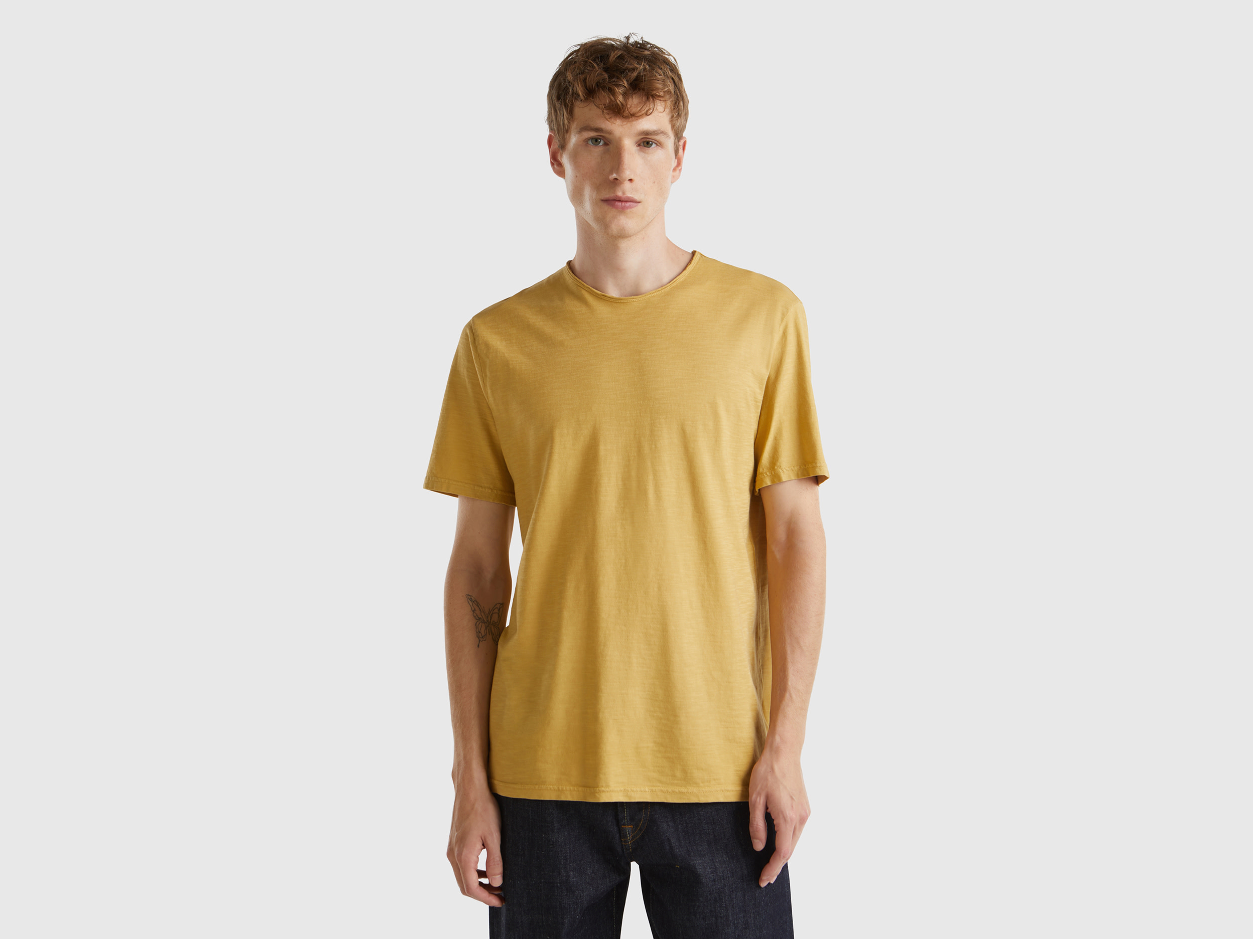 Benetton, T-shirt Beige In Cotone Fiammato, Beige, Uomo