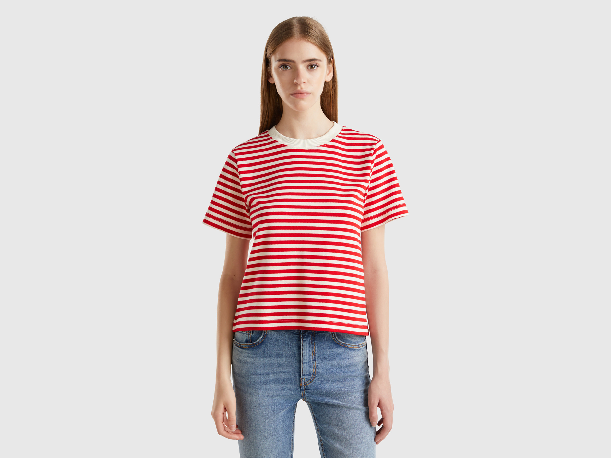 Benetton, Maglietta A Righe In Caldo Cotone, Rosso, Donna