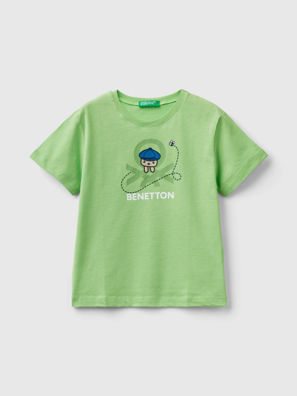 Benetton, T-shirt 100% Algodão Orgânico Com Estampa, Verde Claro, Crianças