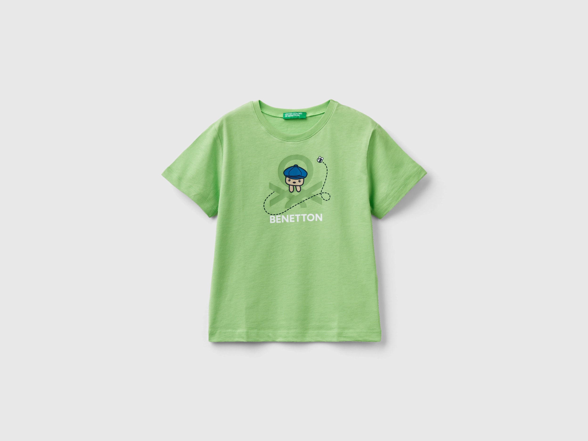 Image of Benetton, T-shirt With Print In 100% Organic Cotton, size 110, Light Green, Kids