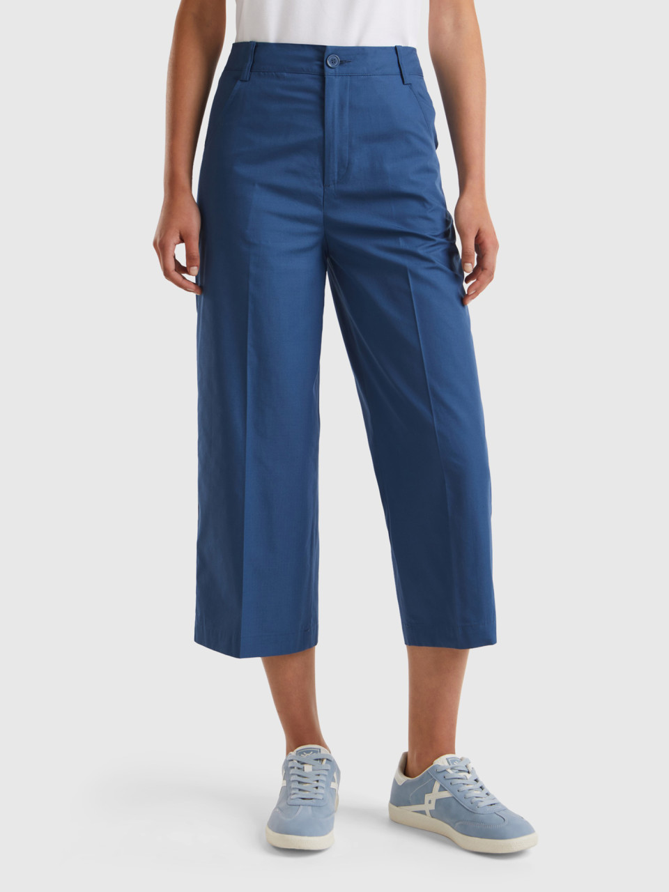Benetton, Pantalón Cropped De 100 % Algodón, Azul Grisáceo, Mujer