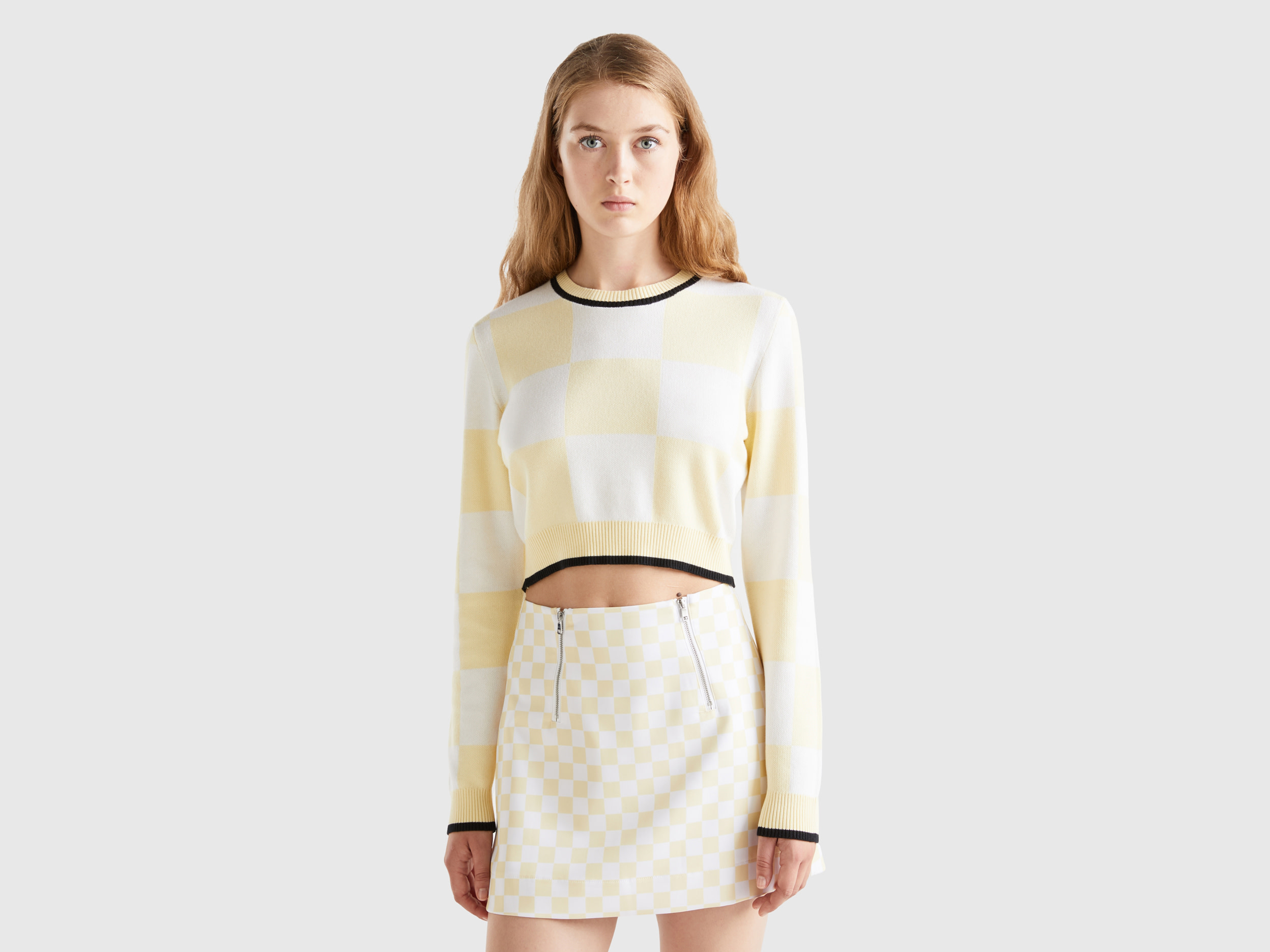 Benetton, Cropped Checkered Sweater, Size L, Yellow, Women