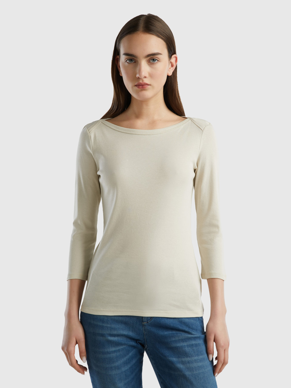 Benetton, T-shirt With Boat Neck In 100% Cotton, Beige, Women