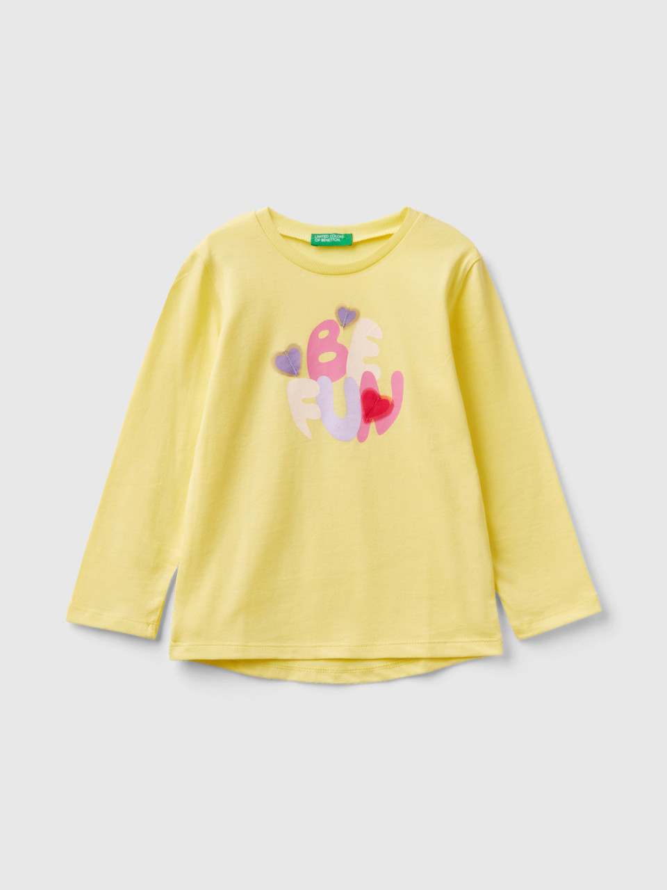 Benetton, Camiseta De Manga Larga Con Estampado, Amarillo, Niños