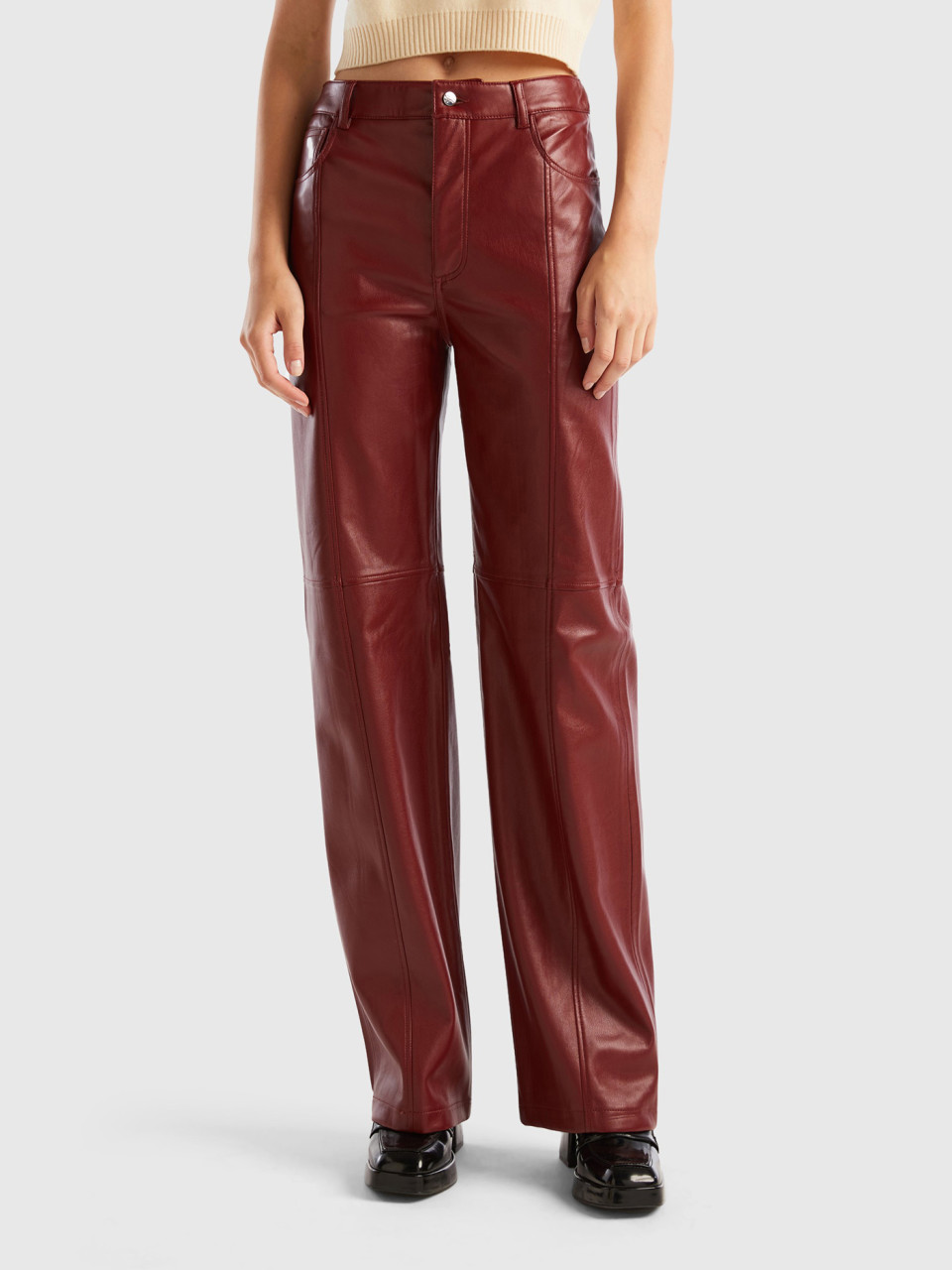 Benetton, Trousers In Imitation Leather Fabric, Burgundy, Women