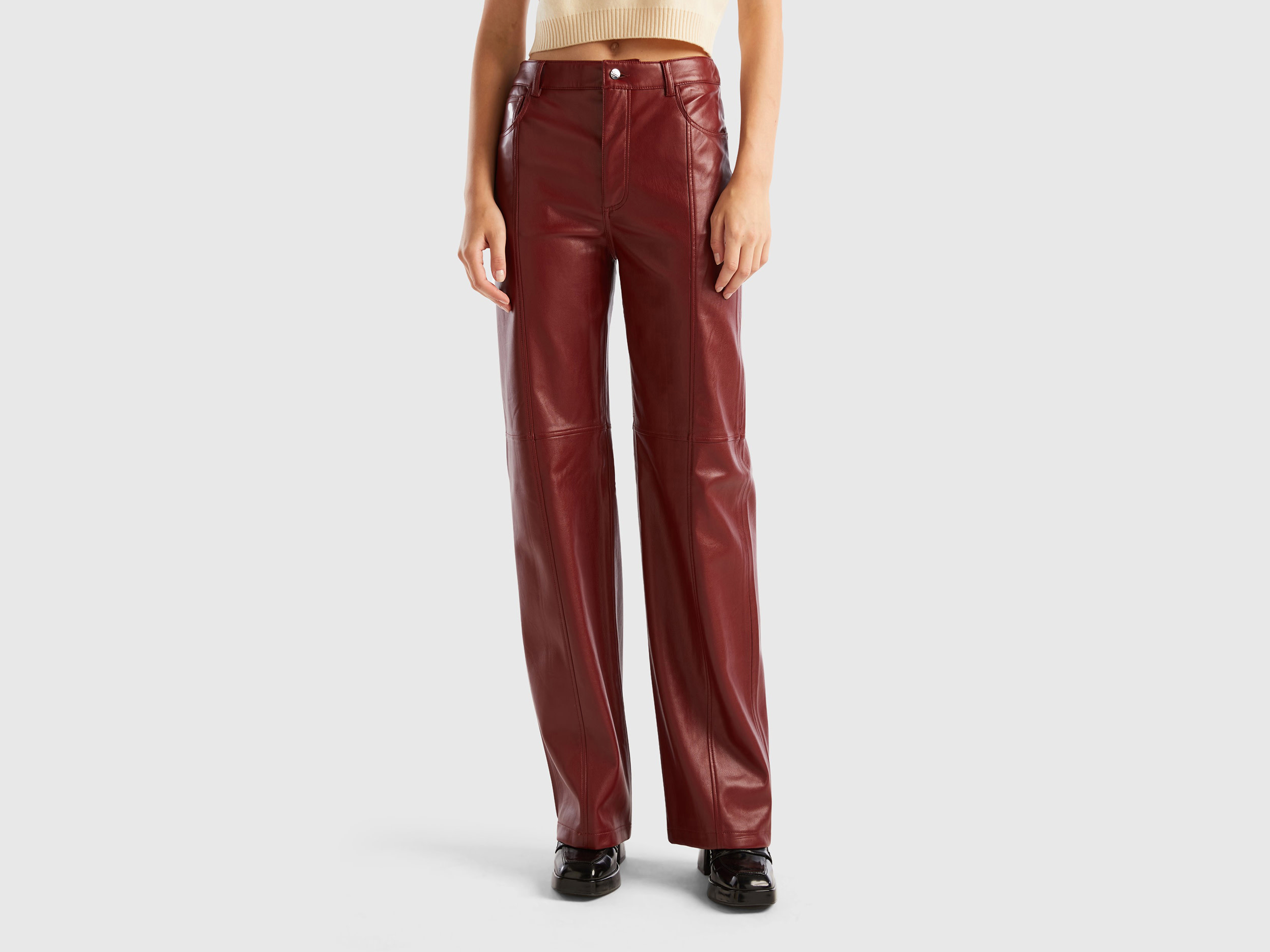 Benetton, Trousers In Imitation Leather Fabric, size 10, Burgundy, Women