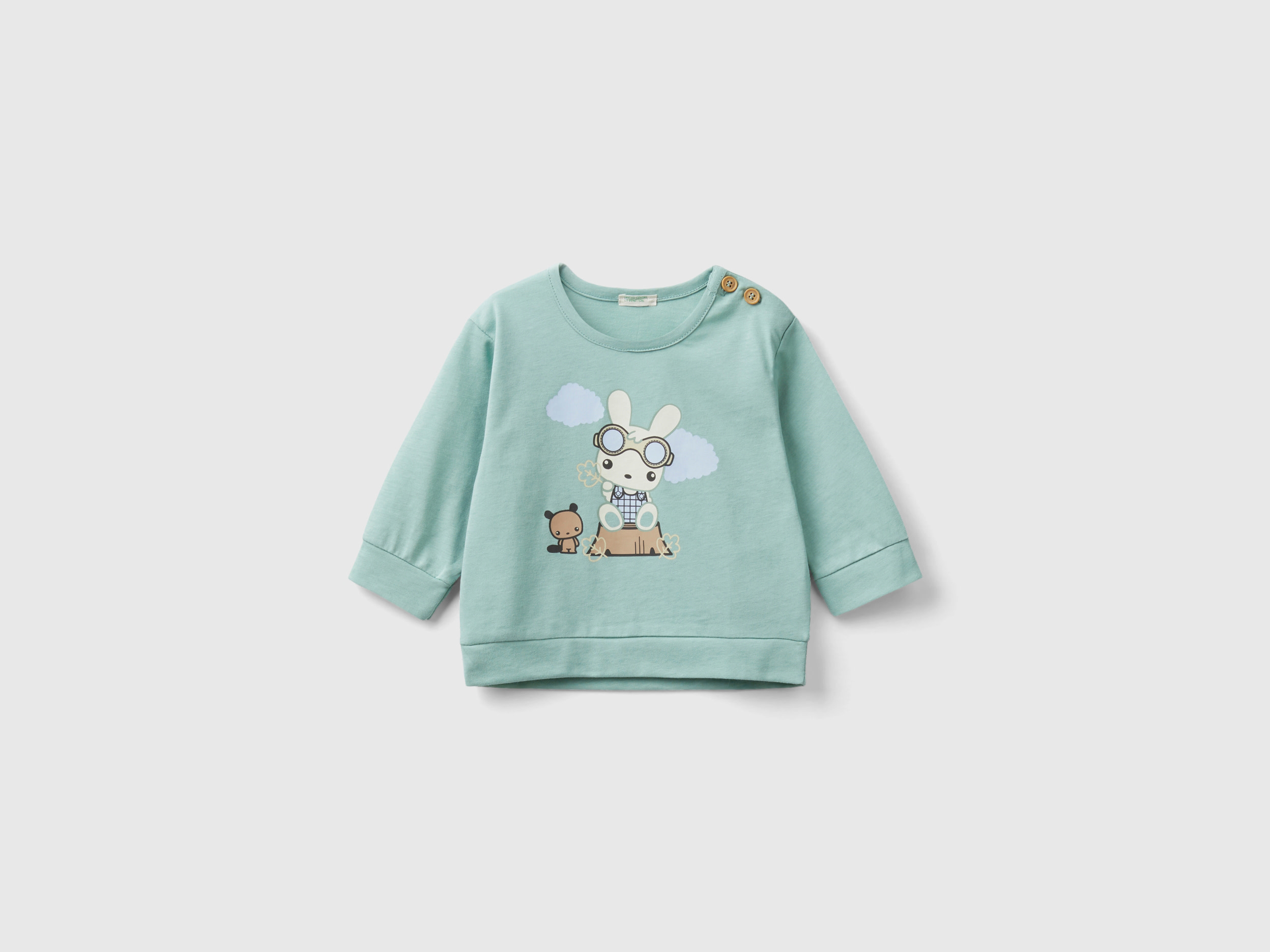 Benetton, Warm T-shirt With Bunny Print, size 6-9, Aqua, Kids
