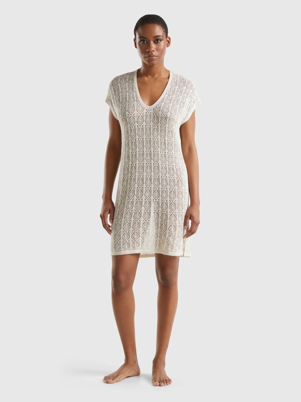 Benetton, Open-knit Dress In Linen Blend, Creamy White, Women