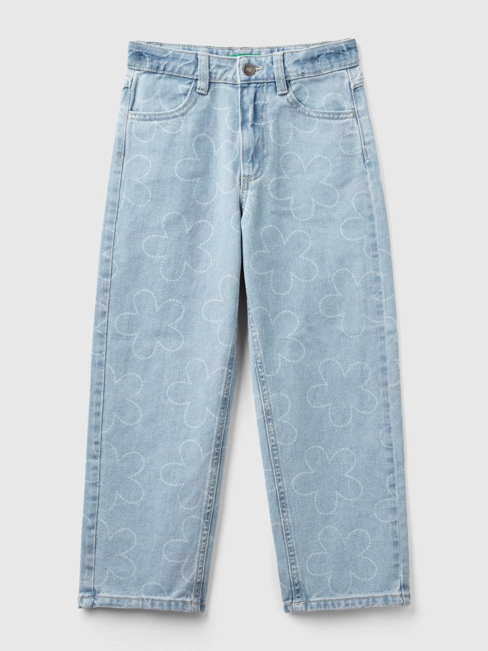 Benetton, Straight Fit Jeans With Flowers, Sky Blue, Kids
