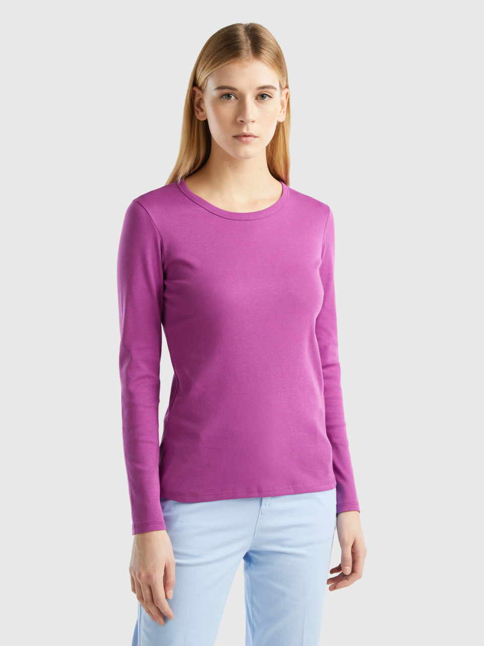 Benetton, T-shirt Manches Longues En Pur Coton, Violet, Femme