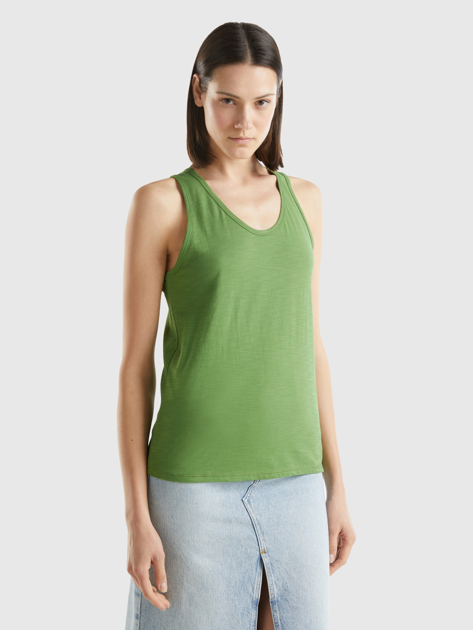 Benetton, Camiseta De Tirantes De Algodón Ligero, Militar, Mujer