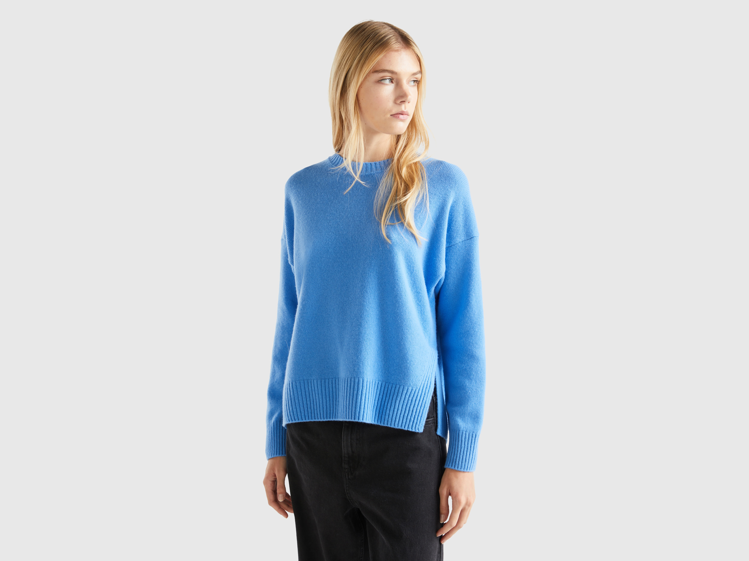 Benetton, Boxy Fit Sweater In Wool Blend, size M, Light Blue, Women
