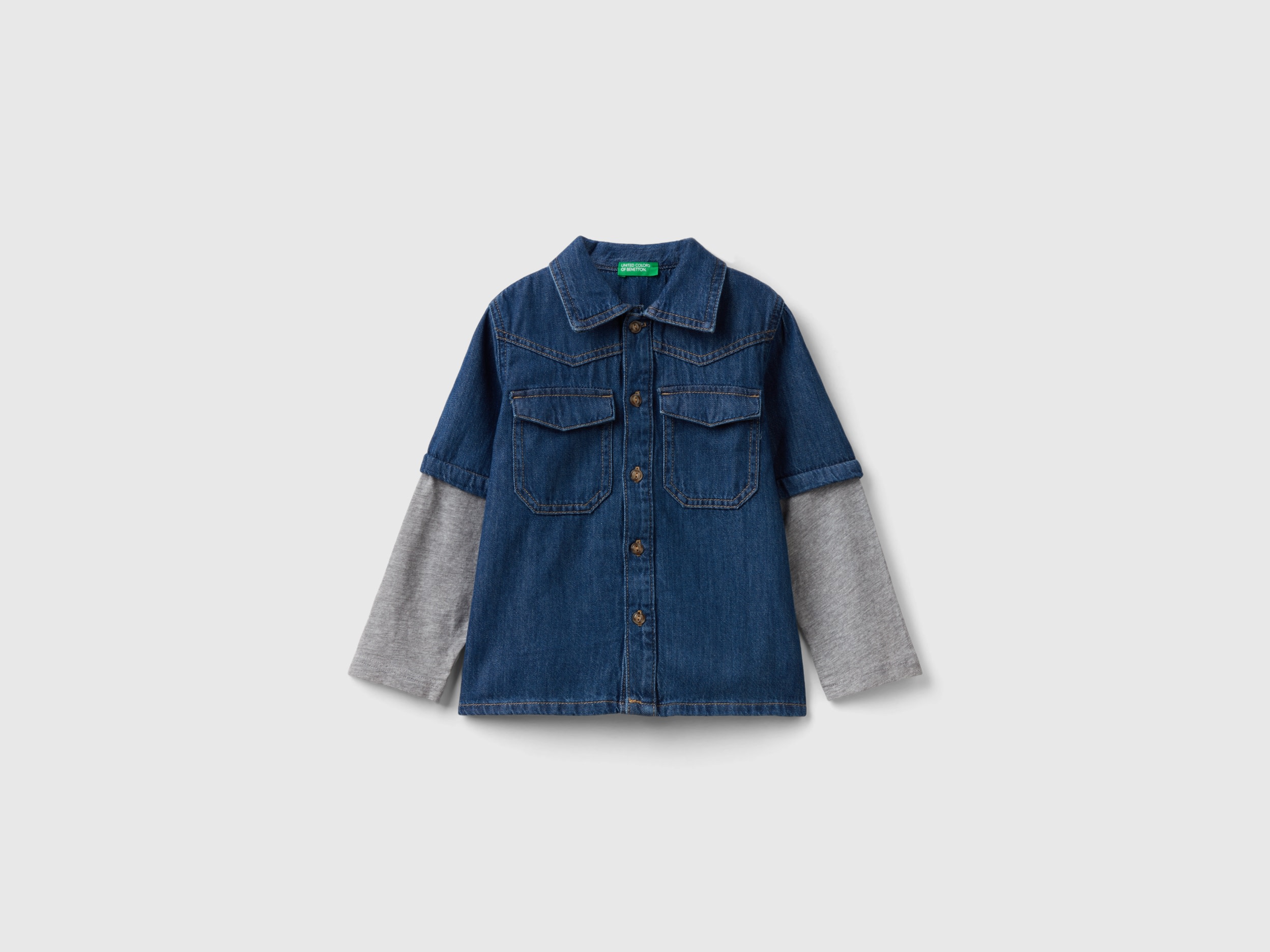 Benetton, Camicia Con Doppia Manica, Blu Scuro, Bambini