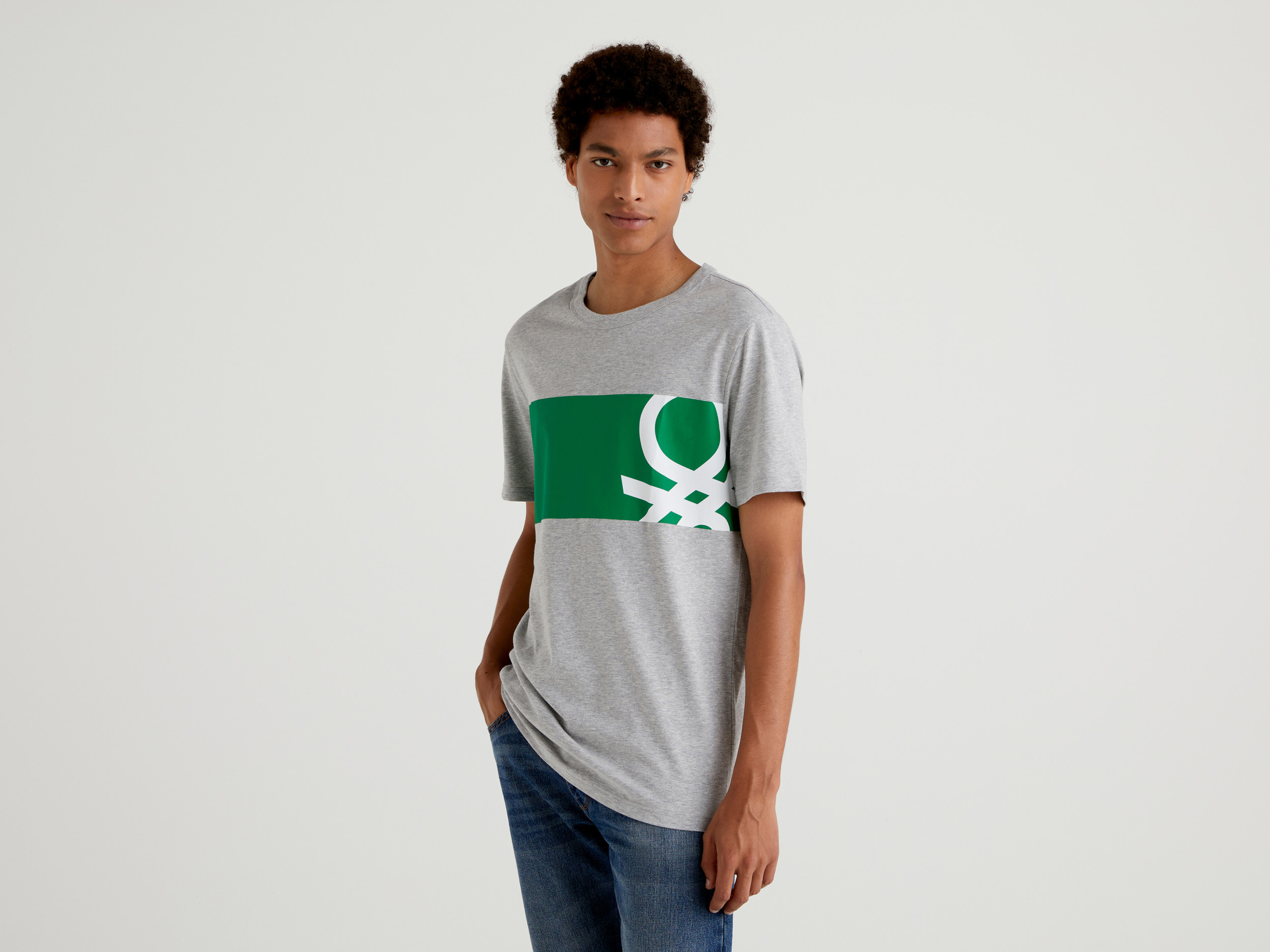 Benetton, T shirt Grigia In Cotone Bio Con Stampa Logo, Grigio Scuro, Uomo